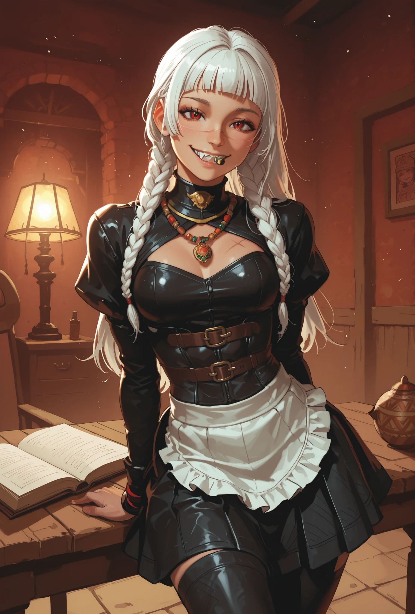 Woman looks like Menat from Street Fighter. Cute girl. Bronzefarbene Haut. She has a horizontal scar over her nose. She has sharp teeth. pointed fangs in her mouth. your body is athletic, with muscles and abs. B-Cup. Sie hat rote Augen, A pretty, And young face and white braids. The Inca clothing made from the finest snakeskin-look leather with corset with leather straps (Schlangenhaut-Optik), and an amber necklace. atmospheric lighting. looks at the viewer. She has an innocent smile with lots of sharp teeth. Keine Tiere im Bild. Hintergrund: aztekischer Tempel, strong lineart, hdr, hdr colours, hdr colours. Sharp. HD. Fake box art.