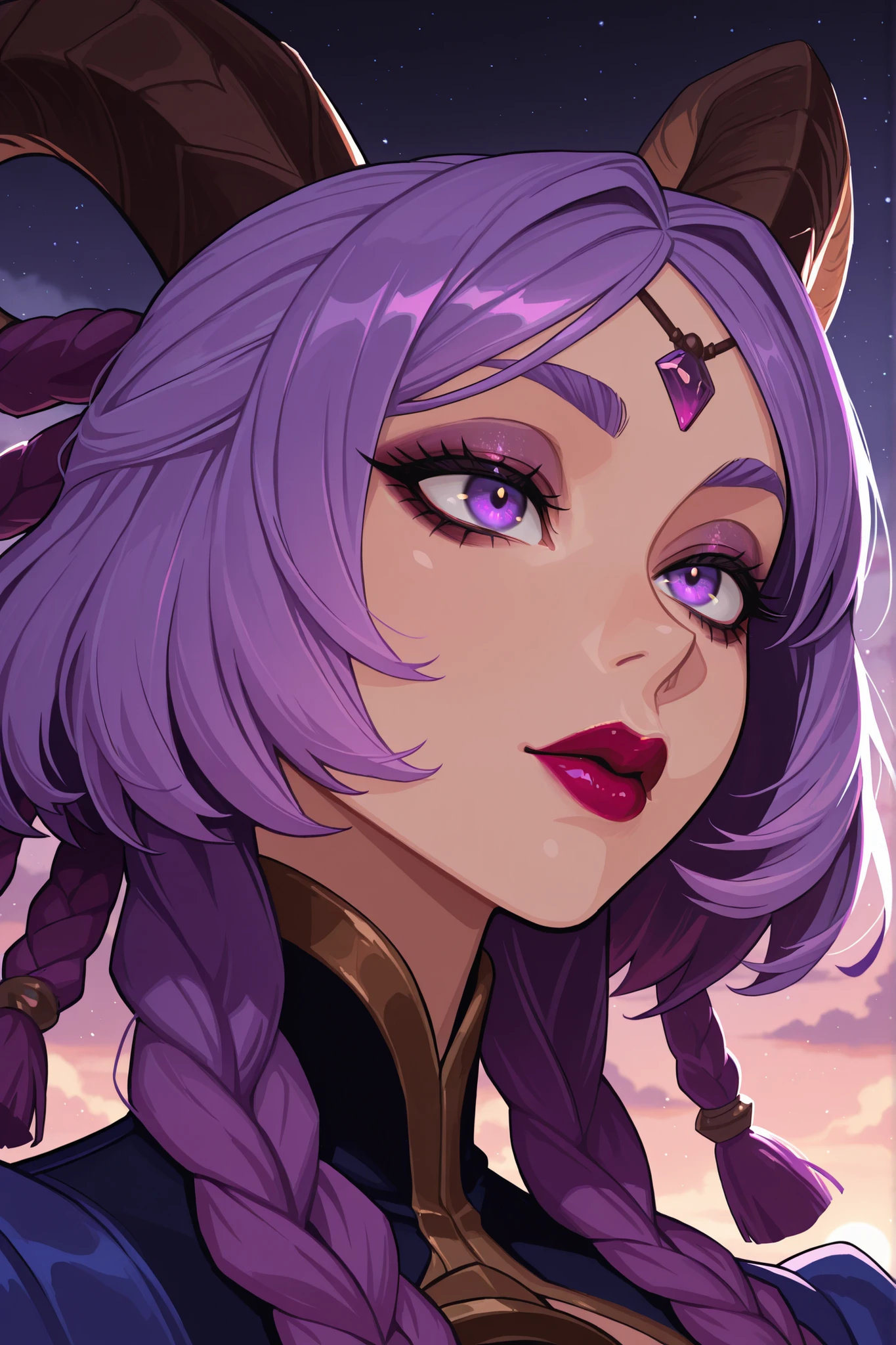 masterpiece, best quality, 1female, beautiful, portrait, deep makeup, lipstick, 1girl, yunara_ionian, purple eyes, purple hair, 4braids, multiple braids, hair tie, hair_ornament, horns, tassels in hair, yunara