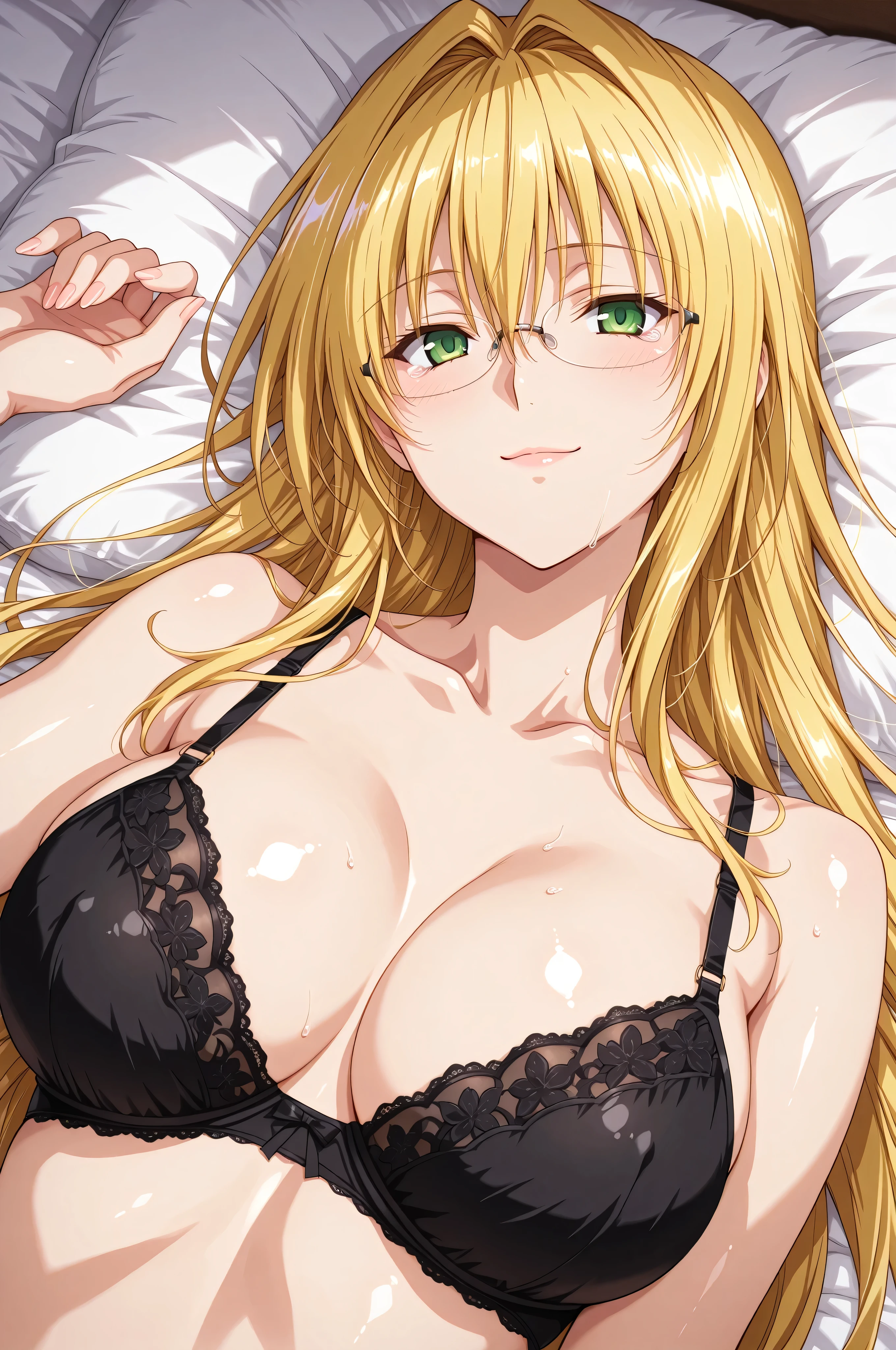 masterpiece, score_9, score_8_up, score_7_up, anime, (upper body:1.4),pinup,,(from above), greatest masterpiece, full twinkle, perfect face, best quality in bronze, high resolution,(feature large highlight:1.4),(26歳:1.4),(mature female:1.4),成熟した大人の女性, 1 girl,(solo), (face focus:1.4),Tearju,blonde hair,green eyes,tearju lunatique, sidelocks, glasses,, very long hair,(ロングストレートの髪:1.3),赤面 ,t_glasses,rimless glasses, light skin, smile ,,on bed ,shiny skin, shiny cloth,,,,black bra,,(arched back:1.1),(on back:1.3),(tsurime),,,breast squish,