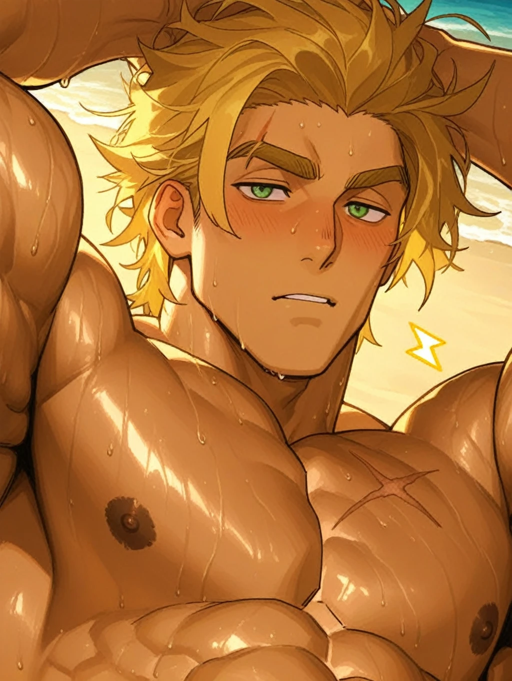 Hombre, muscular, pelo amarillo, gay , en la playa 