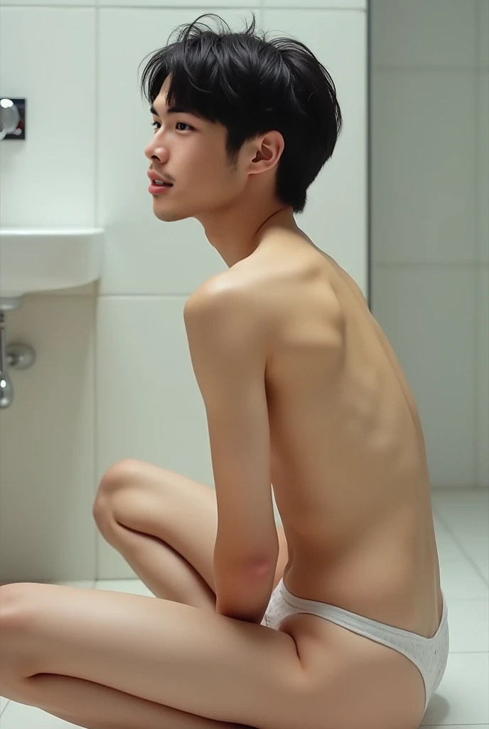 korean boy, hairless, Unclothed, in the shower, almost exposed , towel covering part
