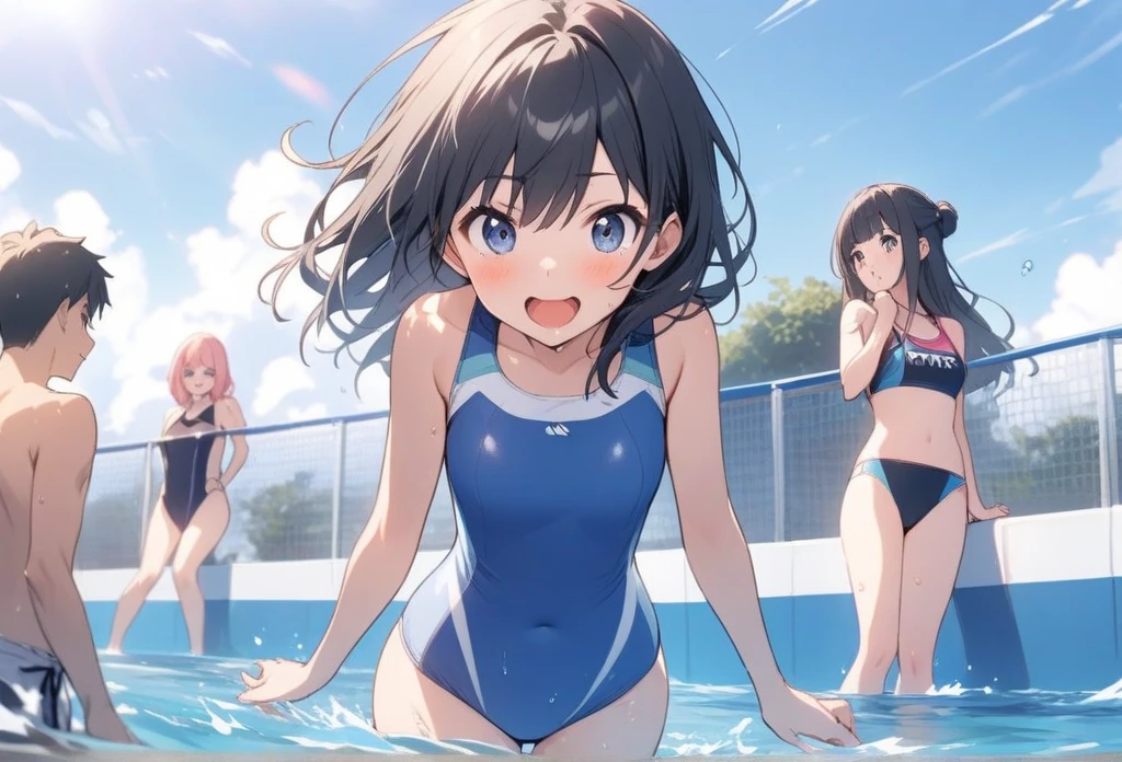 Highest quality、High resolution、Detailed Background、Beautiful face in every detail、Teenage beauty、Cute hair colors、Perfect body line、swimming、Olympic Stadium、The pool shines blue、The audience is filled with excitement、The sun is shining high、Elite athletes、Tone muscles、The swimmers line up at the edge of the pool waiting for the starting signal.、The players jump in together、Water splashes and swimmers swing their arms and kick their legs vigorously.、The water battle has begun、Healthy Beauty