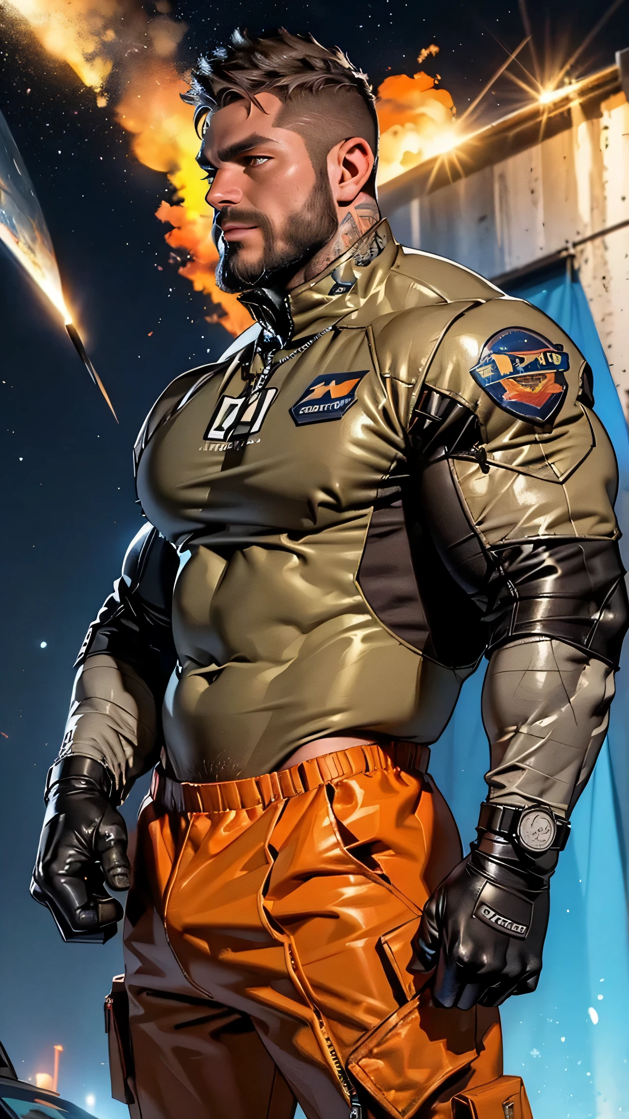 barret, dark skin male with gun arm and tattoo, sunglasses , (sailor) , full body , black boots  , bulge