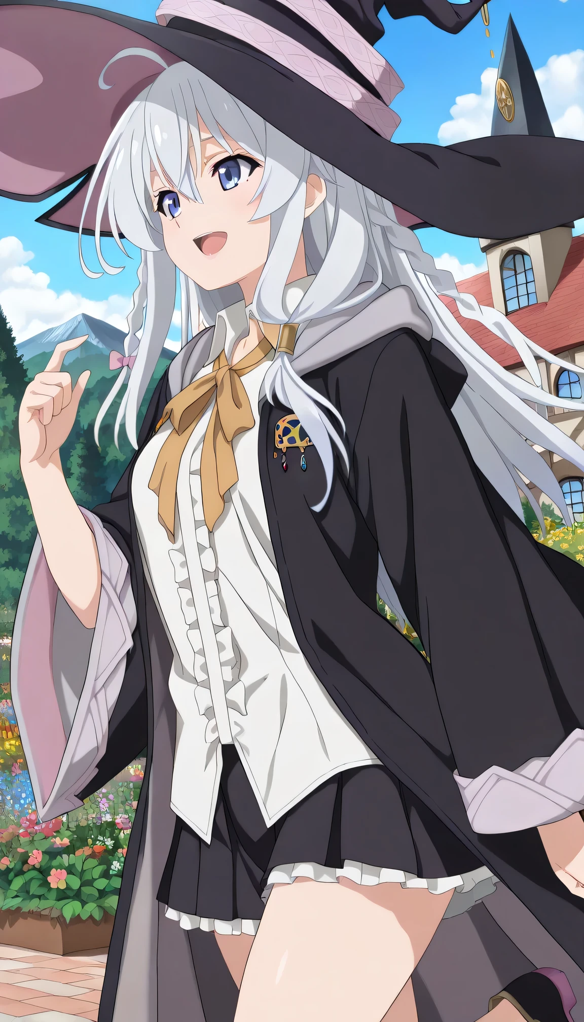 {{{masterpiece}}}, (best quality:1.5), (ultra-detailed:1.5), {illustration}, {{an extremely delicate and beautiful}}, (beautiful detailed eyes:1.3), absurdres, highres, extremely detailed face, 16k, hd, visual anime de uma jovem mulher, extremamente bonito rosto de anime, anime melhor garota, {perfect anatomy}, (five fingers:1.1), anime face, elaina (majo no tabitabi), elainchar, 1girl, solo, cute face, long hair, white hair, ahoge, hair between eyes, sidelocks, pink bow, single braid, ribbon on braid, yellow hair clip, square face, pointed chin, (big eyes:0.9), (blue eyes:1.2), medium breasts, big hips, curvaceous, BREAK, witch hat, black headwear, white shirt, collared shirt, center frills, long shirt, (untucked shirt:1.3), (baggy shirt:1.4), (wizard robe:1.3), (long robe:1.2), black robe, hooded robe, open robe, long sleeves, wide sleeves, yellow ribbon tie, brooch, black skirt, pleated skirt, (mini skirt:1.5), (white petticoat:1.2), bare legs, black footwear, witch shoes, BREAK, cute face, smiling, open mouth, standing, walking, (running her fingers through her hair:1.3), flowers, outdoor, (garden:1.2), sky, mountain, daytime, (cottage:1.3), forest, under the sunlight, peer in from below, (upper body:1.5), (from side:1.2)