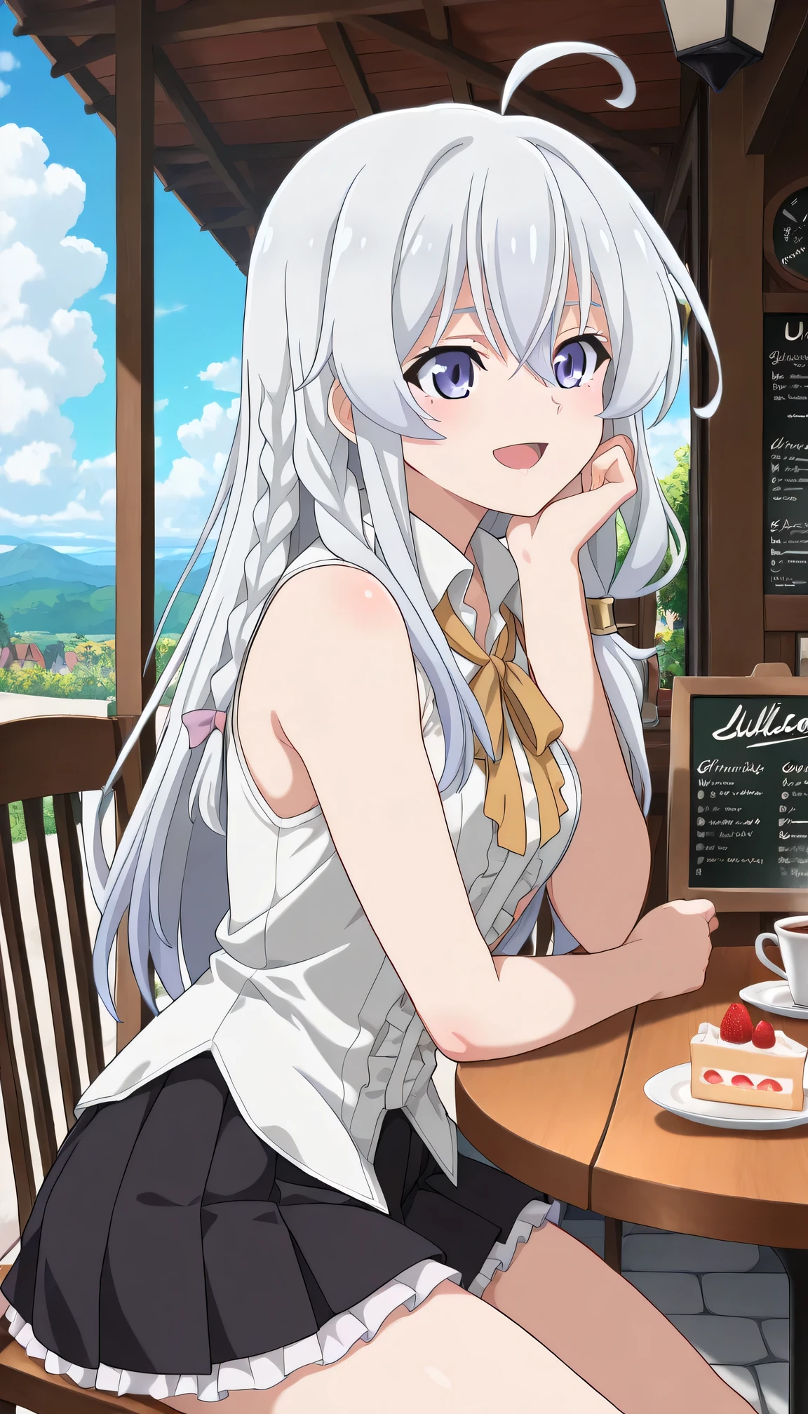 {{{masterpiece}}}, (best quality:1.5), (ultra-detailed:1.5), {illustration}, {{an extremely delicate and beautiful}}, (beautiful detailed eyes:1.3), absurdres, highres, extremely detailed face, 16k, hd, visual anime de uma jovem mulher, extremamente bonito rosto de anime, anime melhor garota, {perfect anatomy}, (five fingers:1.1), anime face, elaina (majo no tabitabi), elainchar, 1girl, solo, cute face, long hair, white hair, ahoge, hair between eyes, sidelocks, pink bow, single braid, ribbon on braid, yellow hair clip, square face, pointed chin, (big eyes:0.9), blue eyes, medium breasts, big hips, curvaceous, BREAK, no hat, white shirt, collared shirt, center frills, (sleeveless:1.2), (untucked shirt:1.3), (baggy shirt:1.4), yellow ribbon tie, black skirt, pleated skirt, (mini skirt:1.5), (white petticoat:1.2), bare legs, black footwear, witch shoes, BREAK, solo, cute face, smiling, open mouth, afternoon tea, tea time, tea and cake on the table, sit in chair, outdoor, coffee shop, (upper body:1.5), (from side:1.3)