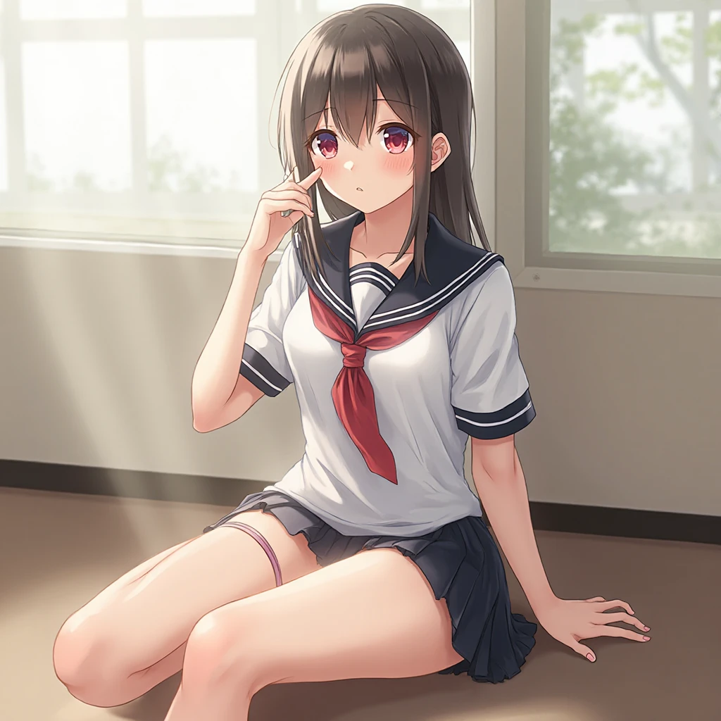 realistically, hair ornament, outdoor, onsen, daytime, lightray, glitter hair, brown eyes, glowing eyes, white short skirt, ultra shot skirt, Blush, daytime, Wet, , sleeveless shirt, , , armpit, 14 years old, , tricky smile, (((sit with knees raised))), windy, mikan, (((wind blow skirt up))), masterpiece, highest quality, Highest resolution, highest detailed face, perfect hands, perfect ,