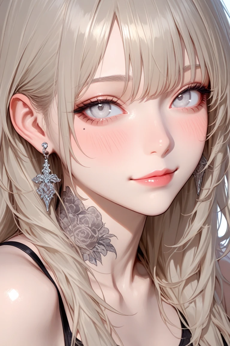 （in 8K, Best Quality, masutepiece:1.2)、超A high resolution, 1girl in,(pubic tattoo,glowing tattoo),Solo, White hair, Short hair, Straight hair, Blunt bangs, grey  eyes, , ,, pale skin, Looking at Viewer, Light blush, lightsmile, Head tilt,open mouse,Detailed fingers、Cyberpunk room