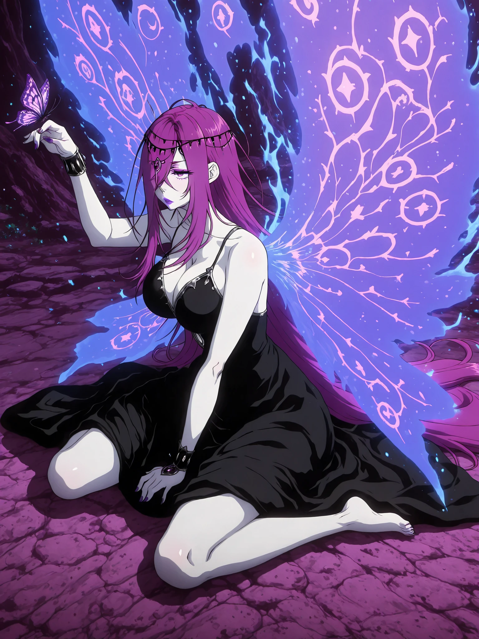 Meteor, Manhwa, L_Cation2, babu-style, Hgk, (himadera-style:1.2), (reowocchi-style:1.3), (bluecup-style:1.4), (remu_(kirieroido)-style:1.2), (gin_moku-style:1.3), ((anime coloring, anime screencap)), shiny skin, Hand drawn, cinematic, Sharp focus, humorous illustration, big depth of field,(cellulite:1.2) Masterpiece, ((cinematic, backlighting)), concept art, trending on artstation, Vivid colors, Simplified style, trending on ArtStation, trending on CGSociety, Intricate, Vibrant colors, Soft Shading, Simplistic Features, Sharp Angles, Playful, (voluptuous body:1.4), (mature female:1.4), ((anatomical correct)), perfect body, perfect eyes, perfect fingers, gasping, (glowing eyes:0.8), heavy breathing, gasping profusely, ((skindentation)), ((curvy, thigh gap)), hair over one eye, long hair, purple hair, purple eyeshadow, purple eyes, circlet, hair ornament, purple lips, (pale skin:1.3), plump, 1girl, solo, dress, bug, barefoot, wings, butterfly, black_dress, sitting, blood, wariza, breasts, cleavage, collarbone, bare_shoulders, (aura:1.4)