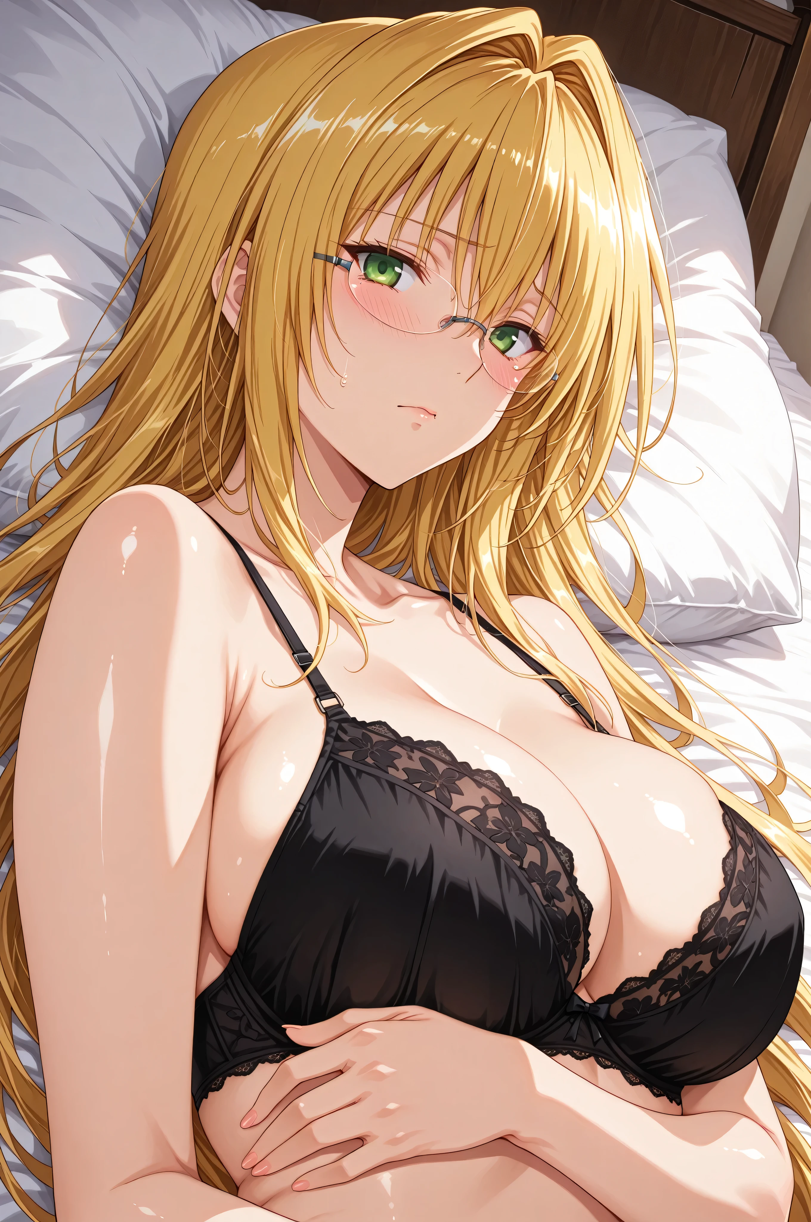 masterpiece, score_9, score_8_up, score_7_up, anime, (upper body:1.4),pinup,,(from side), greatest masterpiece, full twinkle, perfect face, best quality, high resolution,(feature large highlight:1.4),(26歳:1.4),(mature female:1.4),成熟した大人の女性, 1 girl,(solo), ( focus:1.4),Tearju,blonde hair,green eyes,tearju lunatique, sidelocks, glasses,, very long hair,(ロングストレートの髪:1.3),赤面 ,t_glasses,rimless glasses, light skin, embarrassed ,,on bed ,shiny skin, shiny cloth,,,,black bra,,,(on back:1.3),(tsurime),,,breast squish,holding breast,lookin at viewer,