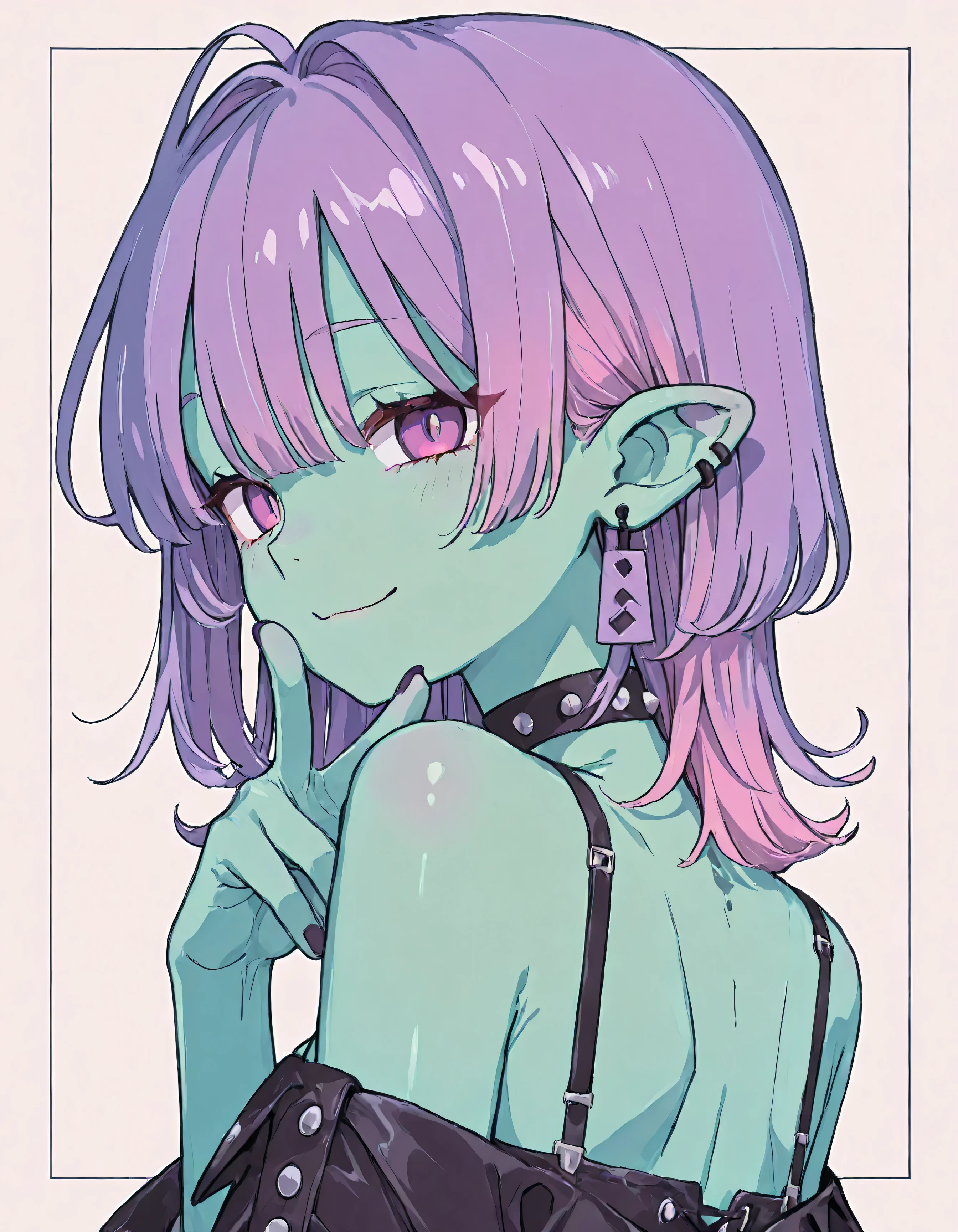 HOOLY FIGHTER LONG HAIR。Long Bangs。glass。GET IN PUNK FASHION。Gobgirl , green skin, short hair(asymmetry、wolf cut),multicolor hair。earrings, pointy ears, earrings , bad smile , purple hair, cool girl。Tavern。About beautiful details 。peace sign