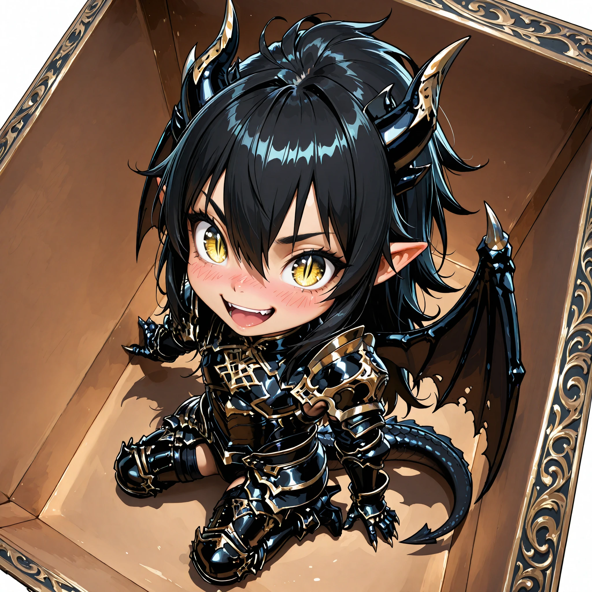 score_9, score_8_up, score_7_up, absurdres, (((128K Ultra High Resolution))), (masterpiece, best quality: 1. 5), (high definition: 1. 4), (highres), 8K wallpaper, (excellent graphics: 1. 5), CG, (((Japanese Anime style))), (chibi, super cute, super deformed: 1. 5), (SD character, shortstack, 2-head-tall: 1. 5), (tiny body, big round head, short limbs, round face: 1. 5), 1 boy\(very small kid), (solo), weredragon, glossy black, shiny black leather, (((beautiful golden eyes, finely detailed eyes, bright eyes, slit pupils))), (hair between eyes, black hair, long hair,sideburns,wild hair), ((sadistic smile,happy face,open mouth)), ((ultra detailed face)), ((blushing)), shiny skin, long pointy ears, twisted torso, sculpted face, wasp waist, dragon horn, dragon tail, dragon wings, dragon sharp claws, (black armor with a lot of grandiose decorations: 1. 5), half dragon half human, (large gift box, upper body emerging from inside the box, other hand supporting the lid edge, kneeling pose inside the box, slight forward lean, surprised body language: 1. 5), (looking straight into the camera, slight diagonal angle: 1. 5), (ultra detailed black armor, well-polished black armor: 1. 5), (gold-adorned armor: 1. 5), all black outfit, (best illustration, highly detailed artwork: 1. 5), (intricate detail, extreme detailed, super detailed: 1. 5), (stark contrast, heavy shadows: 1. 3), detailed black decorations, beautiful & aesthetic, (from above), (mysteriously crafted black metal armor: 1. 5), thick & luxuriant hair, (ultra detailed fantasy black armor, wonderful black armor: 1. 5), (realistic metal texture), (extremely delicate & beautiful armor, elaborate armor details: 1. 5), (dark armor, stylized armor: 1. 5), (((armor-type high heels))), (extremely detailed armor with intricate engravings, intricate armor with gold ornaments: 1. 5), ((very gorgeous & dazzling)), (dark fantasy black knight: 1. 5), (Hyper Detailed & Perfectly Designed Black Armor: 1. 5), (simple white background)