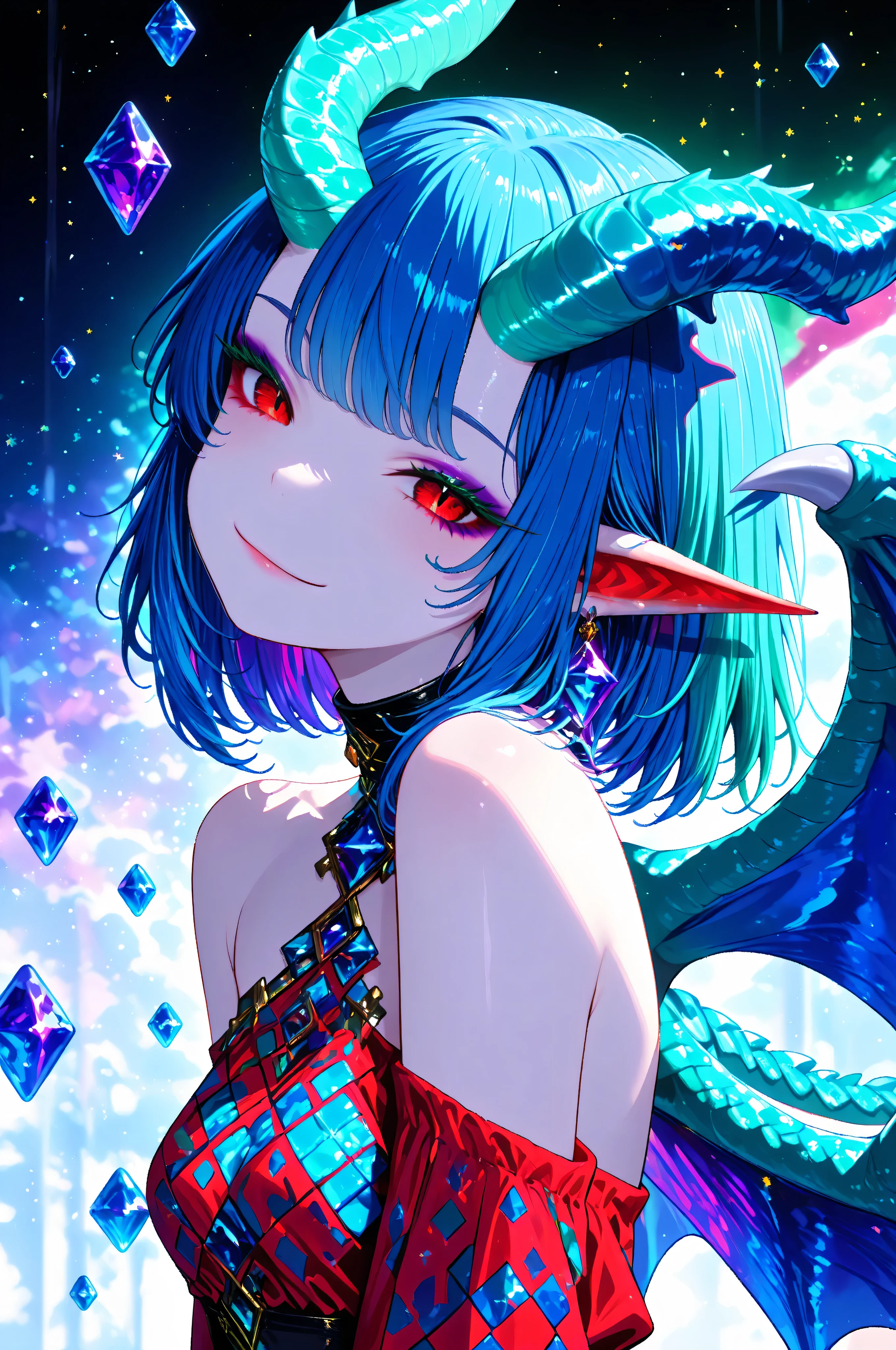 /(20250728-0/), solo, young girl, age down, blue hair, crystal scale skin, red eyes, reptilian eyes, slit pupils, purple eyeshadow, green eyelashes, fin ear, dragon wings, small bust,  bare shoulder casual cloth, triangle pattern, long horns, seductive smile, side view, rest,