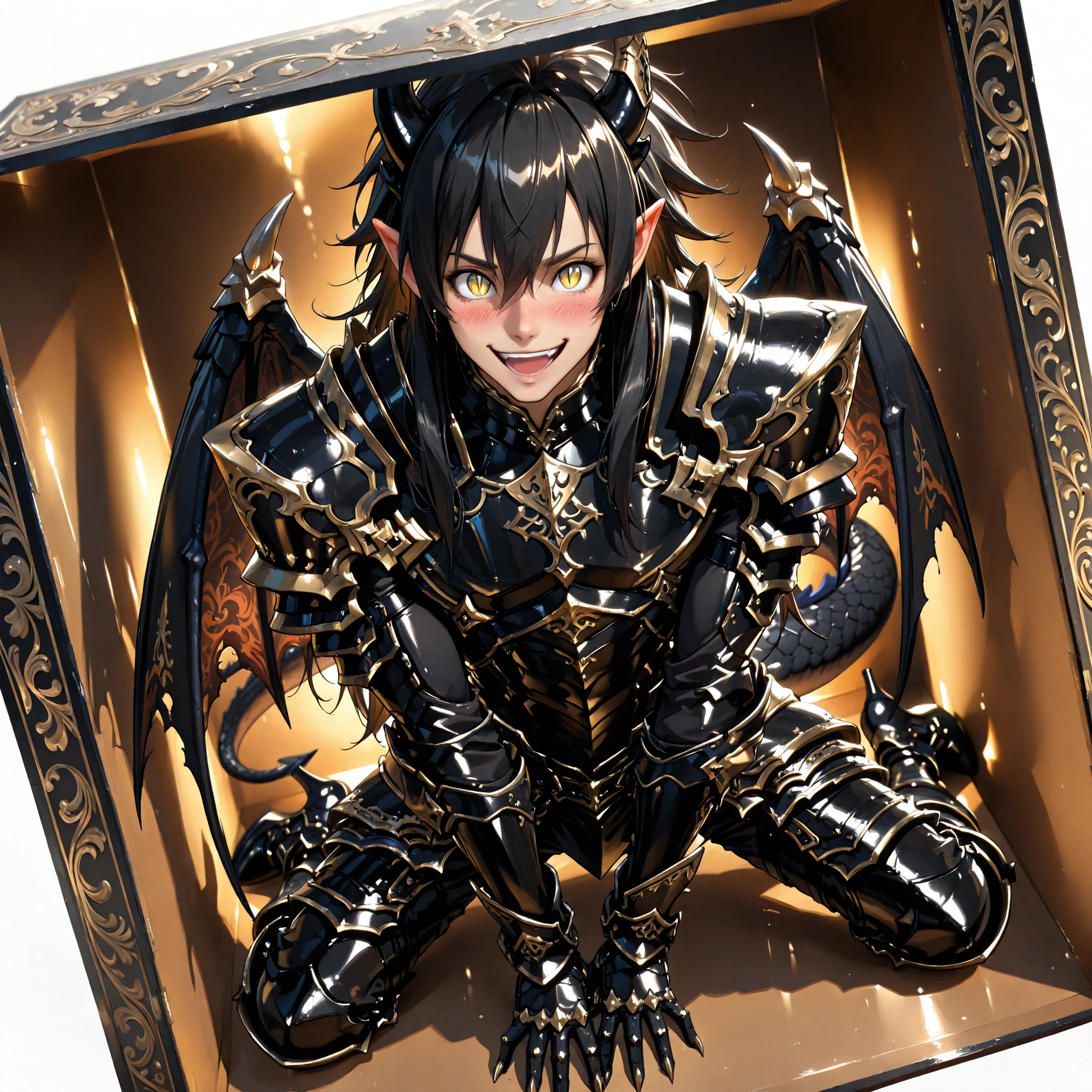 score_9, score_8_up, score_7_up, absurdres, (((128K Ultra High Resolution))), (masterpiece, best quality: 1. 5), (high definition: 1. 4), (highres), 8K wallpaper, (excellent graphics: 1. 5), CG, (((Japanese Anime style))), (1 male), (solo), (((lean body, masculine))), weredragon, glossy black, shiny black leather, (((beautiful golden eyes, finely detailed eyes, bright eyes, slit pupils))), hair between eyes, black hair, long hair, sideburns, wild hair, (((sadistic smile,happy face, open mouth))), ((ultra detailed face)), ((blushing)), shiny skin, long pointy ears, twisted torso, long-legged, sculpted face, wasp waist, dragon horn, dragon tail, dragon wings, dragon sharp claws, (black armor with a lot of grandiose decorations: 1. 5), half dragon half human, (large gift box, upper body emerging from inside the box, other hand supporting the lid edge, kneeling pose inside the box, surprised body language: 1. 5), (looking straight into the camera, diagonal angle: 1. 5), (ultra detailed black armor, well-polished black armor: 1. 5), (gold-adorned armor: 1. 5), all black outfit, full body, good-looking man, (best illustration, highly detailed artwork: 1. 5), (intricate detail, extreme detailed, super detailed: 1. 5), (stark contrast, heavy shadows: 1. 3), ((detailed black decorations)), beautiful & aesthetic, photoreal, (from above), (mysteriously crafted black metal armor: 1. 5), thick & luxuriant hair, (ultra detailed fantasy black armor, wonderful black armor: 1. 5), (realistic metal texture), broad shoulder, true-to-life visuals, artistically refined, (extremely delicate & beautiful armor, elaborate armor details: 1. 5), (dark armor, stylized armor: 1. 5), (((armor-type high heels))), (extremely detailed armor with intricate engravings, intricate armor with gold ornaments: 1. 5), ((very gorgeous & dazzling)), (dark fantasy black knight: 1. 5), slim waistlines, wide chested, sinewy body, (Hyper Detailed & Perfectly Designed Black Armor: 1. 5), (simple white background)