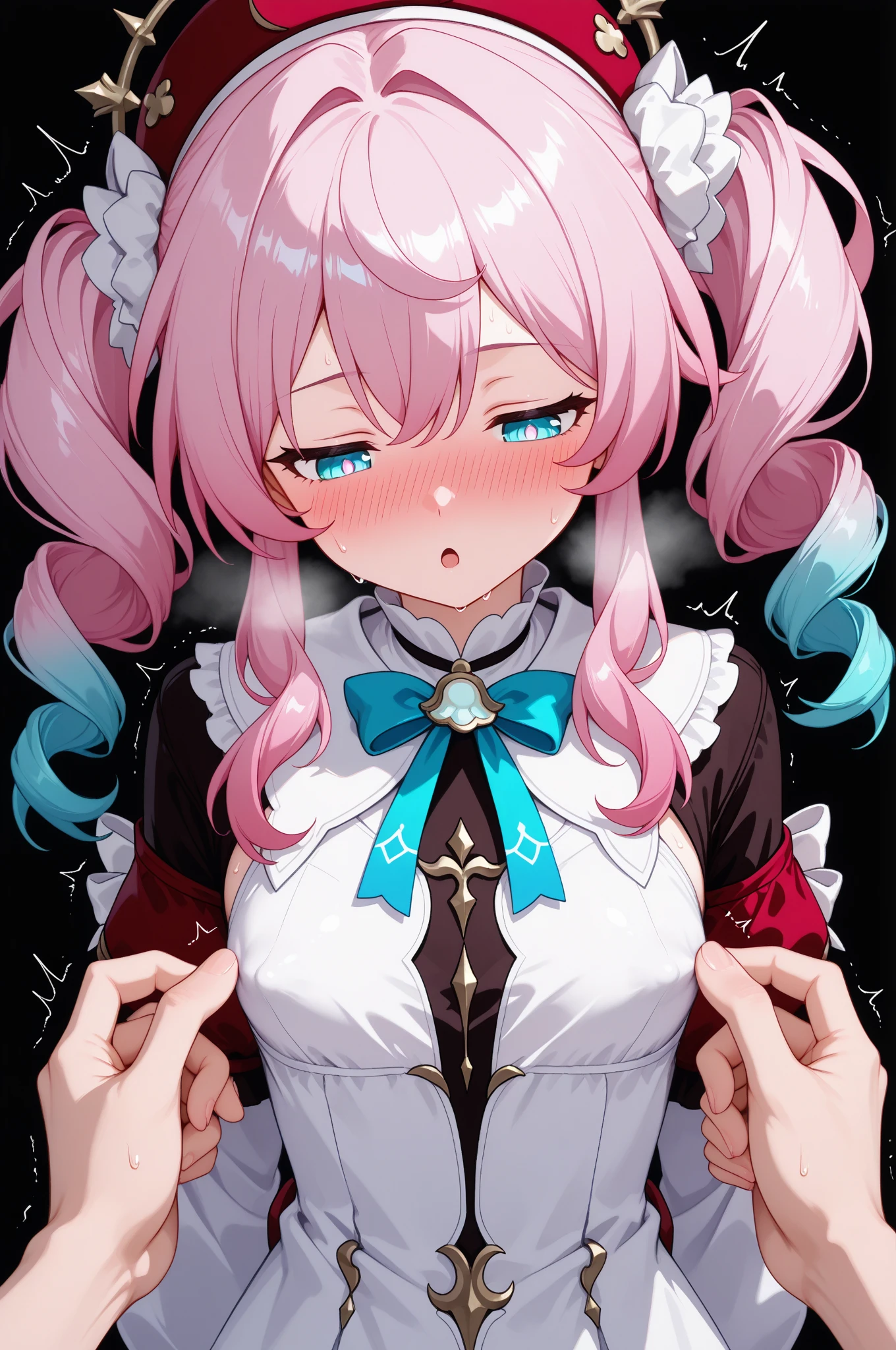 one male and one Girl with pink hair, long double-tailed hairstyle, ((small pink bushy eyebrows)), dressed in lolita clothes, marked ,  (Zankuro) drawing style by zankuro artist, ザンクロー style, image uploaded to R34, girl    bubbling out her mouth, delicately holding the , in a street, girl giving a  to male, close up