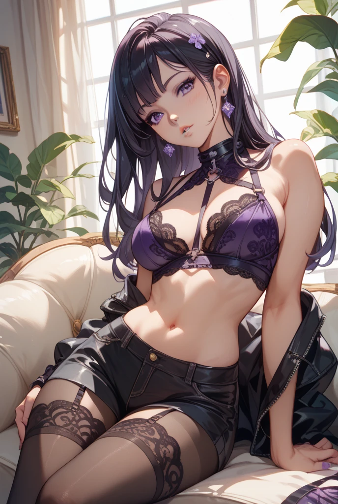 ultra-quality, ultla highres, Hyper Detailed, High contrast, Ultrafine Strike, creative refinement,A dark-haired, ssmile,Purple corset,purple garter belt, Show Pub