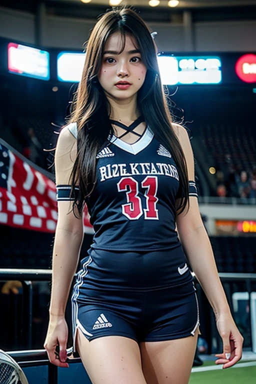 Human robot perfect face red eyes silver hair angry expression wearing hat on basketball court sunny afternoon 