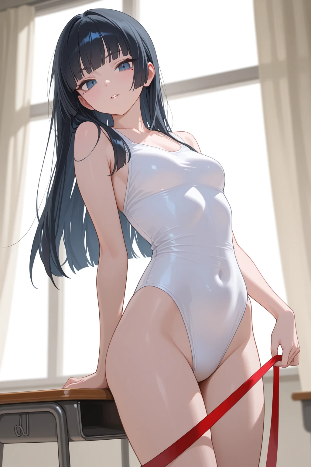 ((masterpiece, best quality)),((highres:1.2)), 1 Girl, solo, Blurred Background, (((Small ???????:1.2))), Thighs, (Stripe ?????????), ???????