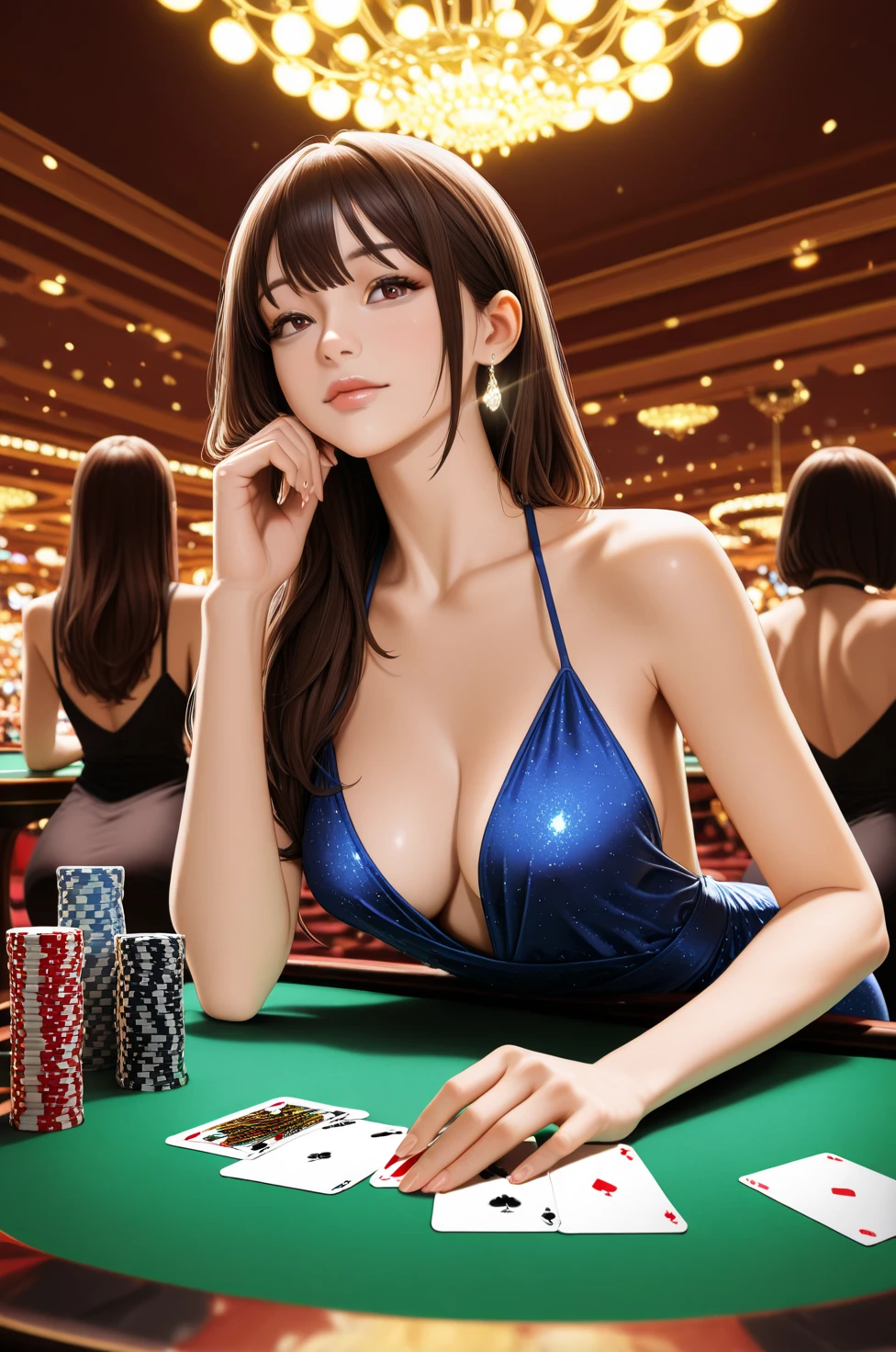 happy and smile, indonesian girl wearing high , teasing you, waiting customer play, work as casino customer service, casino background