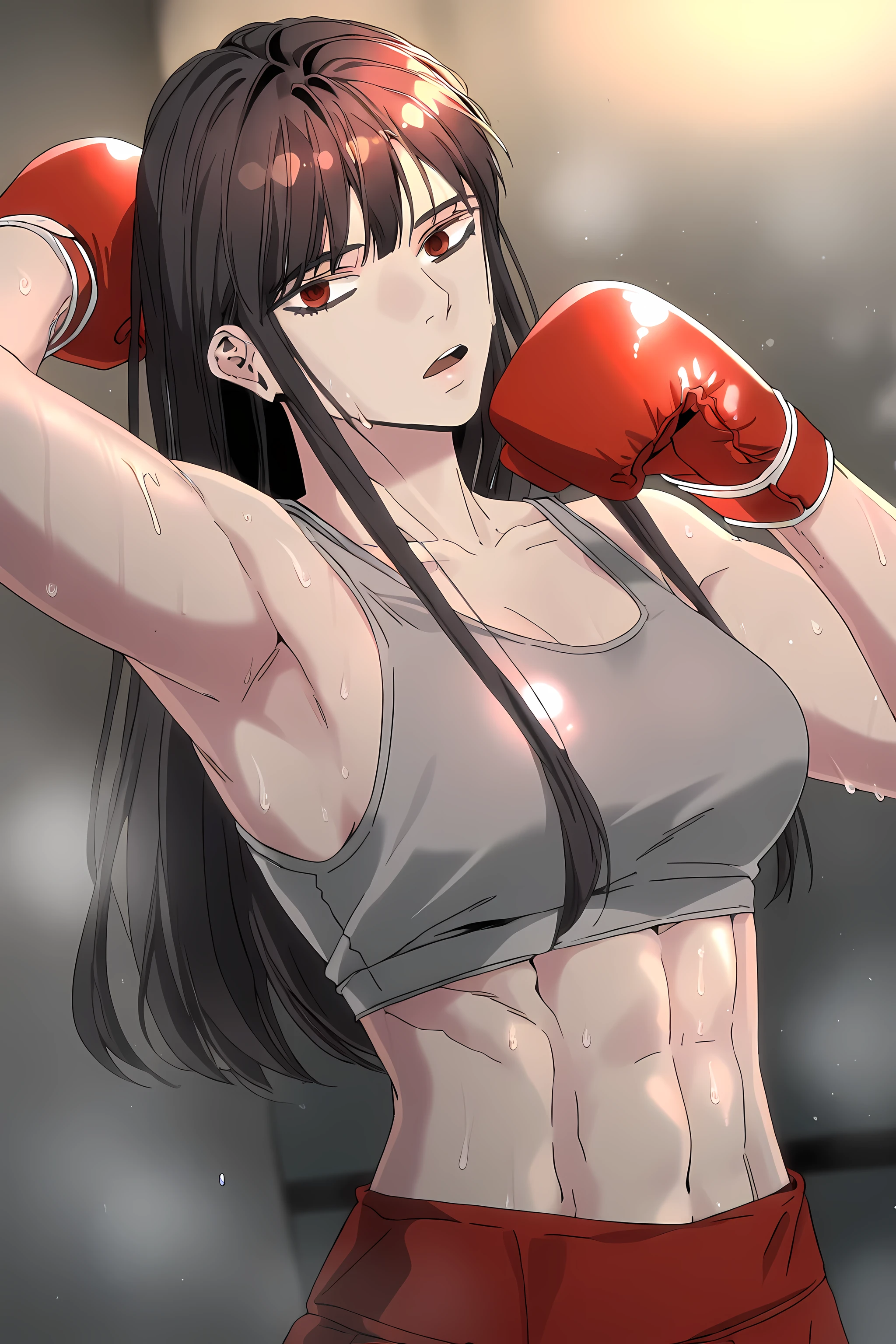 1girl, solo, young mature, ihwa, long hair, red eyes, black hair, ringed eyes, sidelocks, (ringed eyes:0.8), medium , toned female, abs, shiny body, sports bra, boxing gloves, sweating, showing armpits,sexy pose, looking at viewer, open mouth