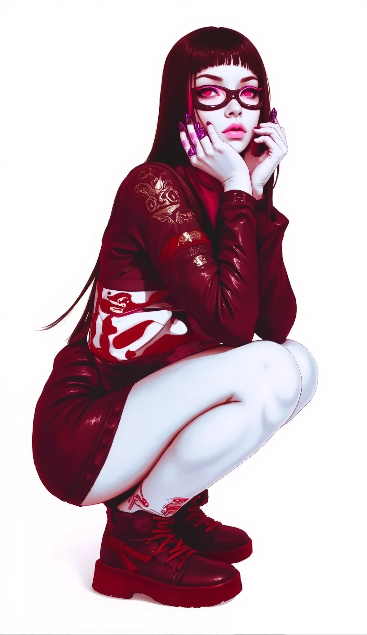 anime illustration shows a female character with long white hair and pink eyes, wearing a black and purple outfit with a high collar and long sleeves in a futuristic design. She holds two large purple swords with intricate designs, long, curved blades, and sharp tips, and wears black gloves with pink details. She has a serious expression and is standing in front of a red background.