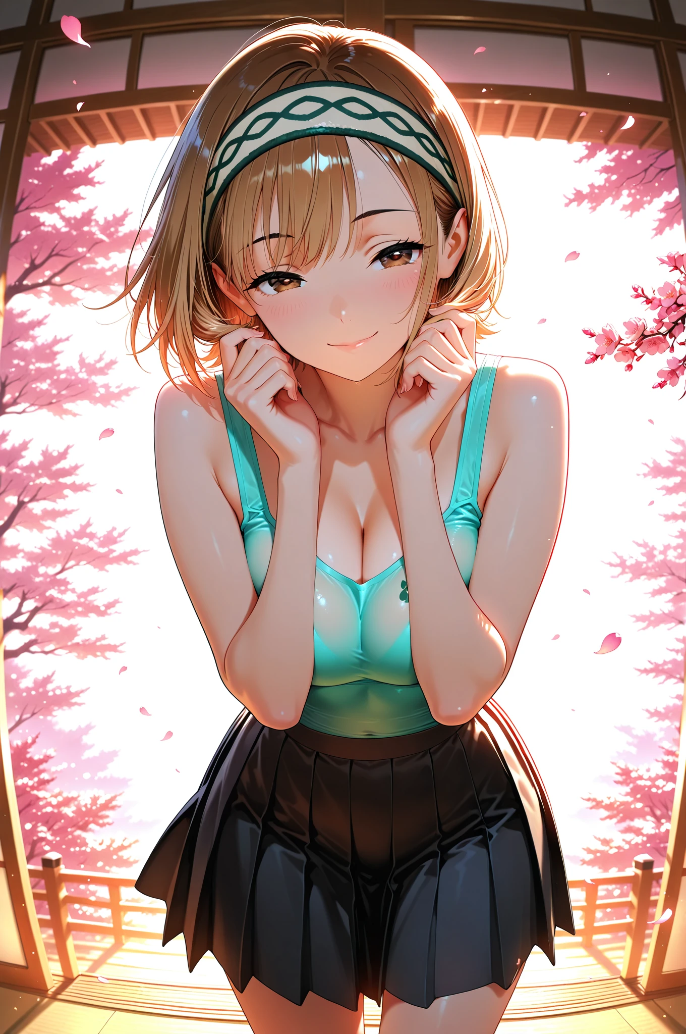 masterpiece, best quality, ultra-detailed, beautiful lighting, Woman, tight legging, blonde hair, (green eyes:1.3), (white sweater:1.2), turtleneck, standing up, in park, beautiful scenery, slight blush, smiling, (cute smile:1,1), (glossy lips:1.1), (beautiful eyes:1.1), wonderful backround, closed mouth, arms_behind_back, short hair