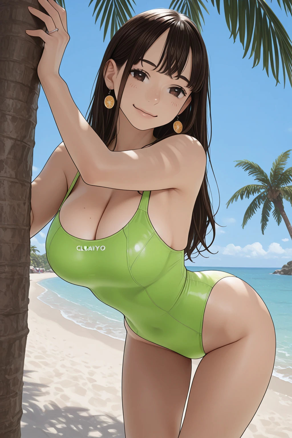 Lara Croft, 1 girl, (((bimbo))), perfect face, perfect eyes, looking at viewer, single long braid, brown hair, puffy lips, full lips, wide hips, thick thighs,  face, huge breasts natural, cleavage, mature mother, perfect face, perfect eyes, outdoors, beach, fake breasts, tanned skin, navel, cowboy shot, tiny , underboob, aqua green eyes