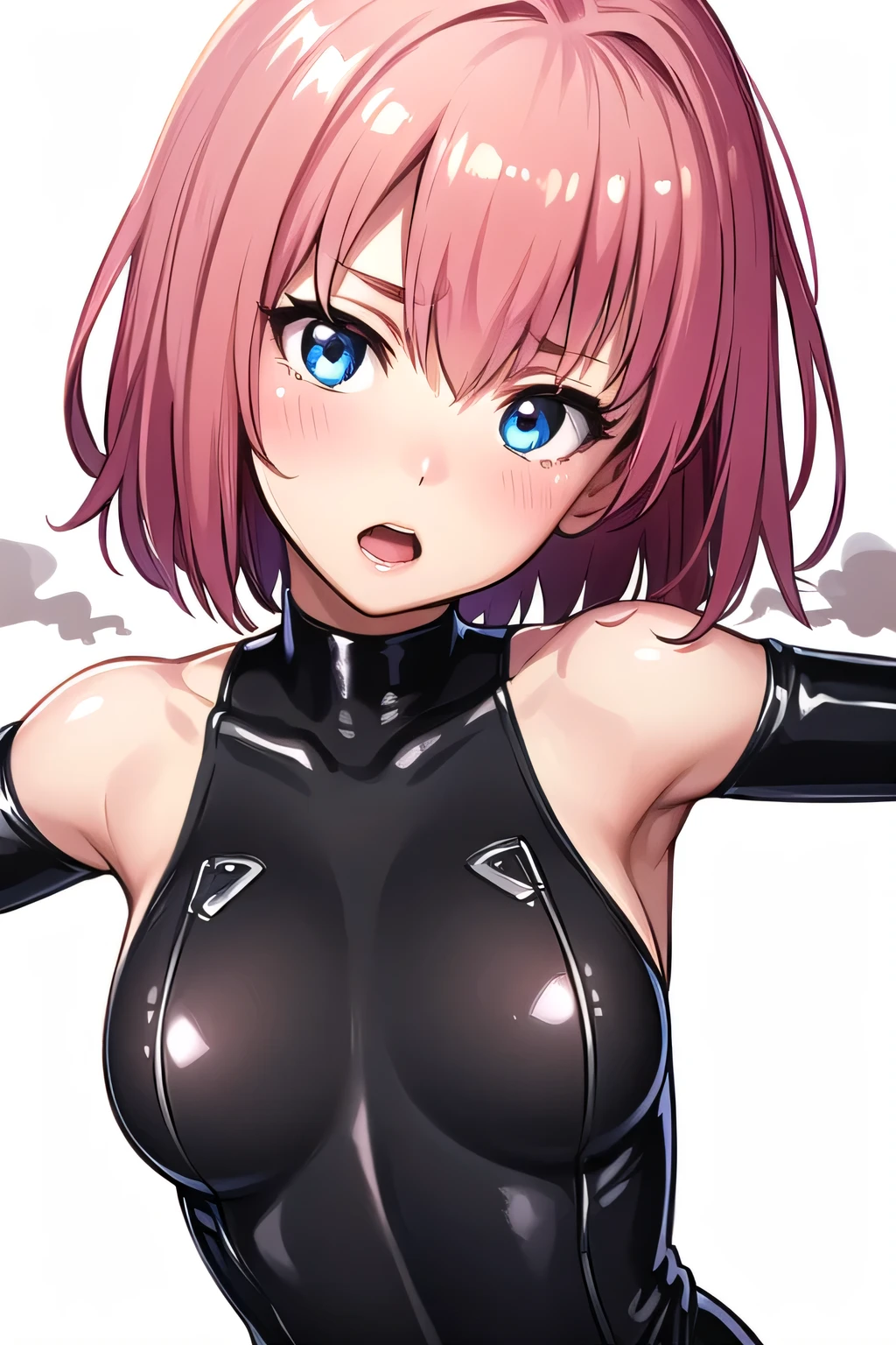 girl,boyish,Very short hair, pink Hair, medium Breasts,Black glossy tight suit,Cowboy Shot,blush,sexy face,blue eyes,front leg pose,Tight fit,clearly,Striped pattern, white background, (Chains wrapped around the body: 1.3)