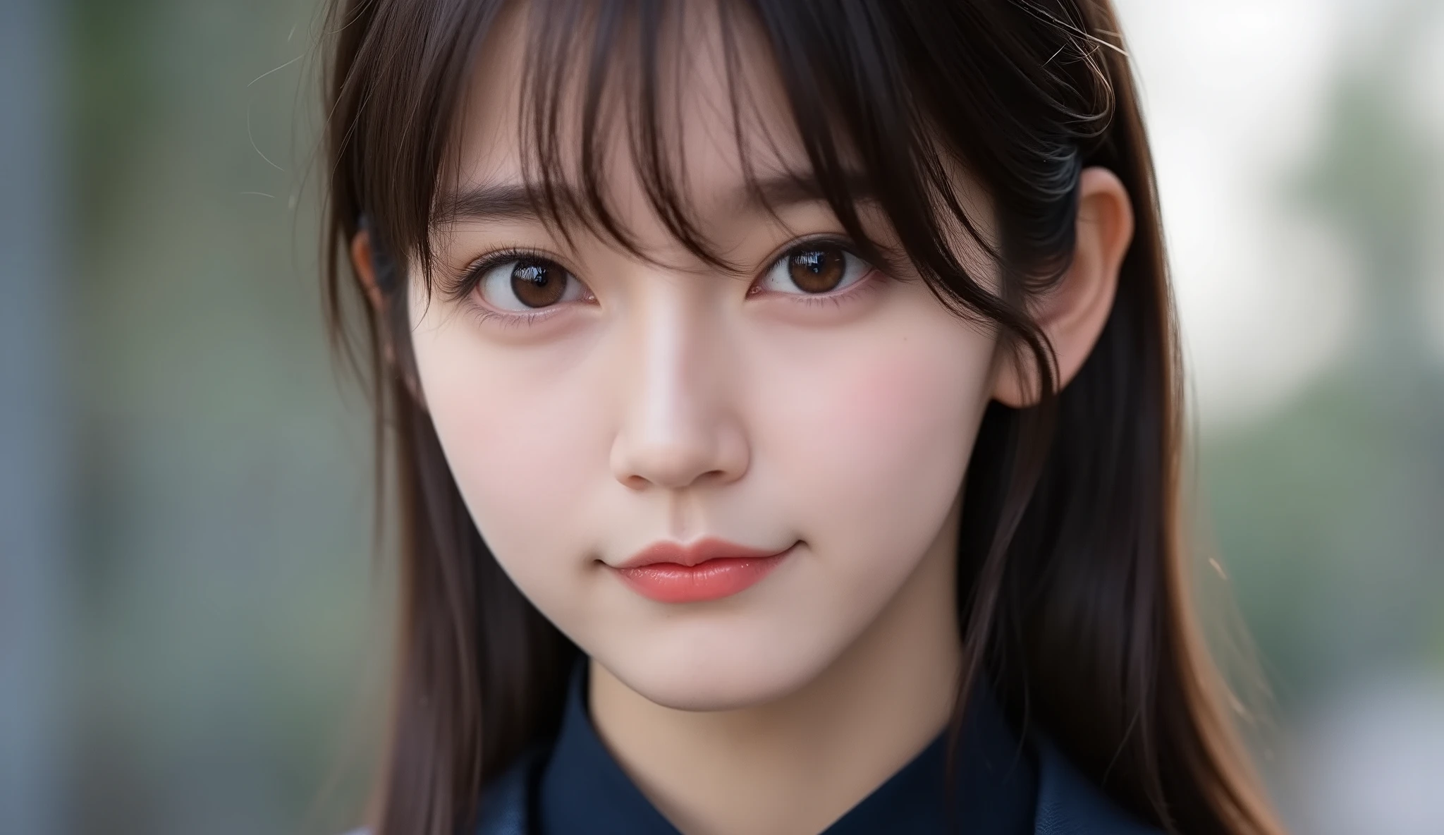 (top quality, masterpiece:1.2), 以上からtop quality, eXist, Picture, high resolution, 1080P, 8k, Physical Rendering ,extream close up, ((: 158cm)), Japanese girl、(((((( A beautiful fashion model from a Japanese fashion magazine looks straight at the audience)))))), ((( X} big, beautiful dark brown eyes , details ))), ((((Smile at me!)))), Thin fingers , (((short, curled bangs))), (((( Extremely noble and beautiful eyes )))), (( double eyelids)), (((long eyelashes on the head))), (( cute smiling cheeks )), (( pure white light hits my nose and cheeks . 目とwhite顔が美しく輝き、white .)), ((((( Her facial features are very eXpressive and has a nice smile , so sweet, Very clever ))))), (((( an eye-catching plain dark blue large student-style bowtie )))), ((((black, very beautiful、 Very Long Hair )))), ( A formal long pleated skirt with a blue and navy tartan check ), ((( slightly larger dark blue plain blazer 、Goldcrest付き 、Goldcrest ))), (( looks like an elegant woman ))