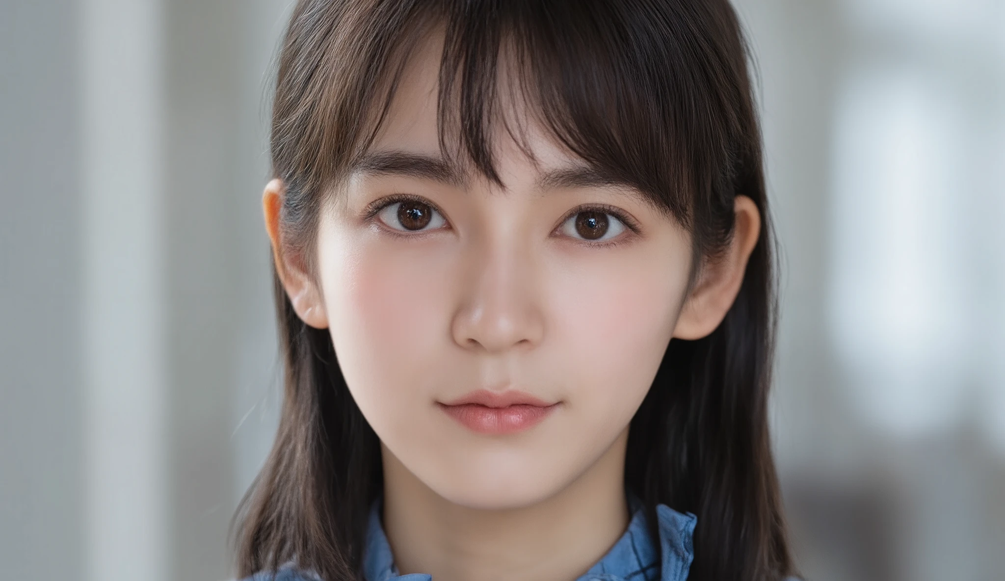 (top quality, masterpiece:1.2), 以上からtop quality, eXist, Picture, high resolution, 1080P, 8k, Physical Rendering ,extream close up, ((: 158cm)), Japanese girl、(((((( A beautiful fashion model from a Japanese fashion magazine looks straight at the audience)))))), ((( X} big, beautiful dark brown eyes , details ))), ((((Smile at me!)))), Thin fingers , (((short, curled bangs))), (((( Extremely noble and beautiful eyes )))), (( double eyelids)), (((long eyelashes on the head))), (( cute smiling cheeks )), (( pure white light hits my nose and cheeks . 目とwhite顔が美しく輝き、white .)), ((((( Her facial features are very eXpressive and has a nice smile , so sweet, Very clever ))))), (((( an eye-catching plain dark blue large student-style bowtie )))), ((((black, very beautiful、 Very Long Hair )))), ( A formal long pleated skirt with a blue and navy tartan check ), ((( slightly larger dark blue plain blazer 、Goldcrest付き 、Goldcrest ))), (( looks like an elegant woman ))