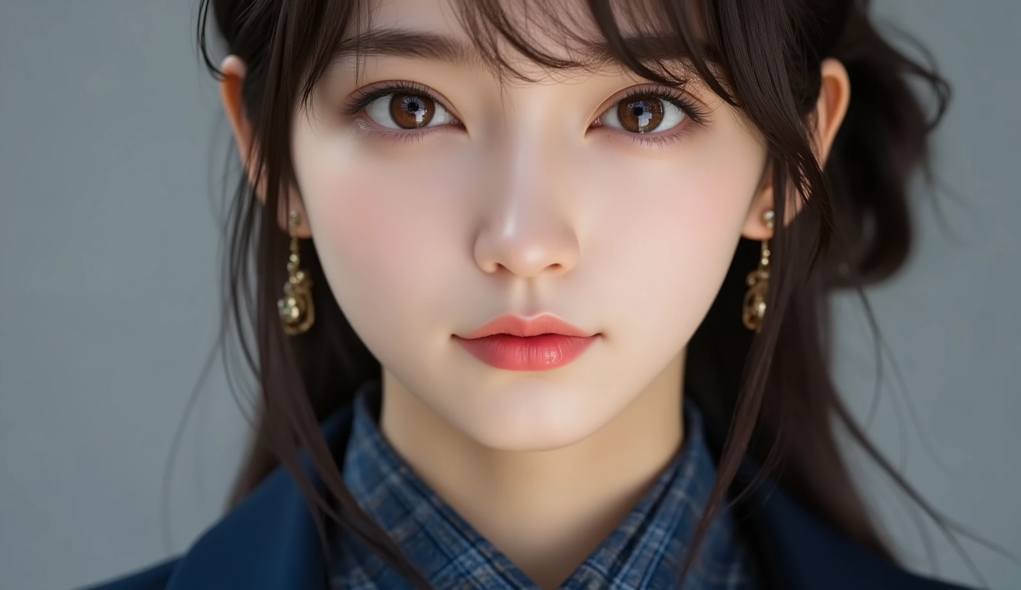 (top quality, masterpiece:1.2), 以上からtop quality, eXist, Picture, high resolution, 1080P, 8k, Physical Rendering ,extream close up, ((: 158cm)), Japanese girl、(((((( A beautiful fashion model from a Japanese fashion magazine looks straight at the audience)))))), ((( X} big, beautiful dark brown eyes , details ))), ((((Smile at me!)))), Thin fingers , (((short, curled bangs))), (((( Extremely noble and beautiful eyes )))), (( double eyelids)), (((long eyelashes on the head))), (( cute smiling cheeks )), (( pure white light hits my nose and cheeks . 目とwhite顔が美しく輝き、white .)), ((((( Her facial features are very eXpressive and has a nice smile , so sweet, Very clever ))))), (((( an eye-catching plain dark blue large student-style bowtie )))), ((((black, very beautiful、 Very Long Hair )))), ( A formal long pleated skirt with a blue and navy tartan check ), ((( slightly larger dark blue plain blazer 、Goldcrest付き 、Goldcrest ))), (( looks like an elegant woman ))
