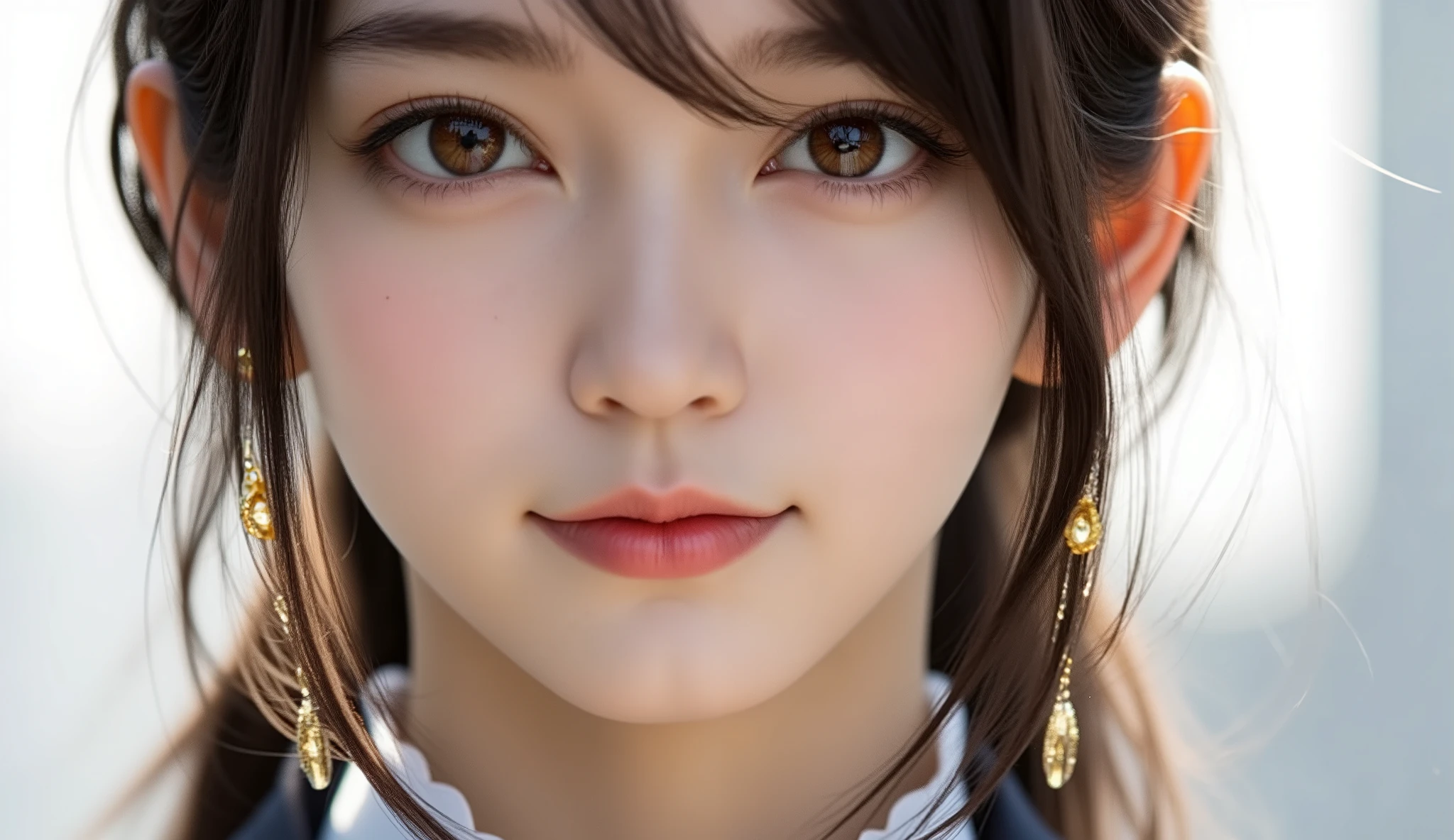 (top quality, masterpiece:1.2), 以上からtop quality, eXist, Picture, high resolution, 1080P, 8k, Physical Rendering ,extream close up, ((: 158cm)), Japanese girl、(((((( A beautiful fashion model from a Japanese fashion magazine looks straight at the audience)))))), ((( X} big, beautiful dark brown eyes , details ))), ((((Smile at me!)))), Thin fingers , (((short, curled bangs))), (((( Extremely noble and beautiful eyes )))), (( double eyelids)), (((long eyelashes on the head))), (( cute smiling cheeks )), (( pure white light hits my nose and cheeks . 目とwhite顔が美しく輝き、white .)), ((((( Her facial features are very eXpressive and has a nice smile , so sweet, Very clever ))))), (((( an eye-catching plain dark blue large student-style bowtie )))), ((((black, very beautiful、 Very Long Hair )))), ( A formal long pleated skirt with a blue and navy tartan check ), ((( slightly larger dark blue plain blazer 、Goldcrest付き 、Goldcrest ))), (( looks like an elegant woman ))