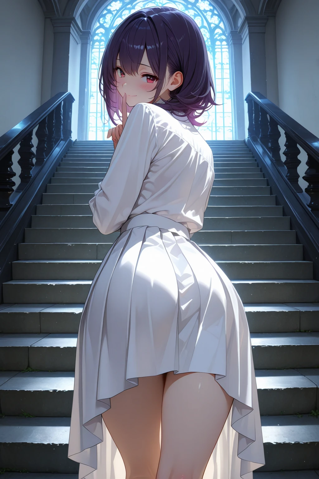 masterpiece, high score,  excellent score, Absard Dress, intermediate shot, ((1 personの女の子, 1 person, couple)) housewife, beautiful woman in silya room, mature woman, Mature Woman, sensual, sexy, excited, is embarrassing, shy ass, Brush On, purple hair, long hair,  beautiful purple eyes ,  bedroom eyes , white skin, pink lips, middle agesの白いカジュアルシャツ, long sleeve, Long Pleated Skirt, simple background, bright colors,  volumetric lighting, soft writing, Bedroom Background, Curvy and voluptuous figure, curvy, Big huge breasts, sexyウエスト, Slightly Tight Belly, sexy腰つき, huge ass, Thick and Fitted, is standing at the entrance, ((She Falls in Love with Her Son in Law)), My Son in Law Hugs His Mother in Law , ((Back Alley Relationship)), midnight, watching viewers, Front. ((middle ages))