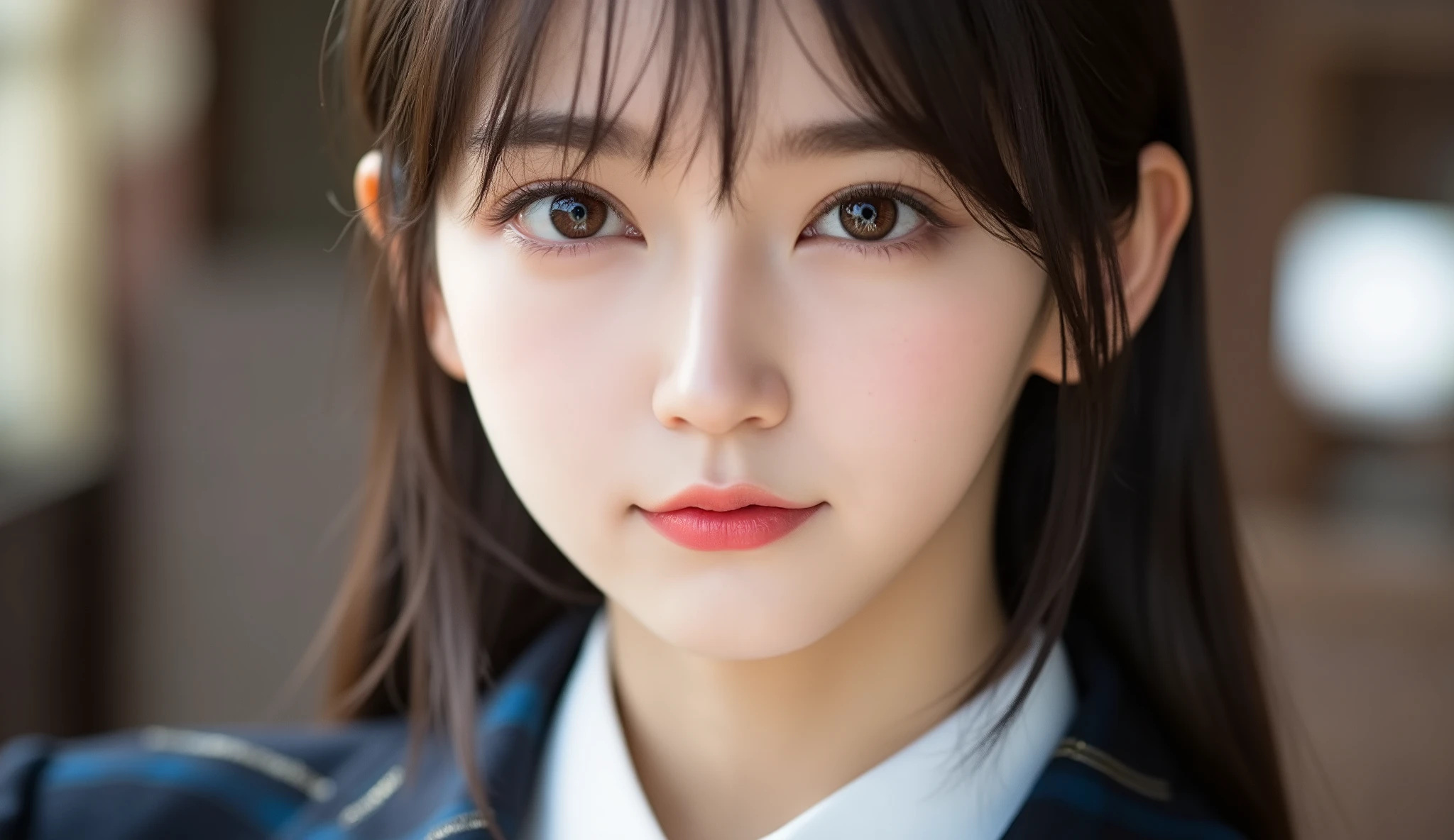 (top quality, masterpiece:1.2), 以上からtop quality, eXist, Picture, high resolution, 1080P, 8k, Physical Rendering ,extream close up, ((: 158cm)), Japanese girl、(((((( A beautiful fashion model from a Japanese fashion magazine looks straight at the audience)))))), ((( X} big, beautiful dark brown eyes , details ))), ((((Smile at me!)))), Thin fingers , (((short, curled bangs))), (((( Extremely noble and beautiful eyes )))), (( double eyelids)), (((long eyelashes on the head))), (( cute smiling cheeks )), (( pure white light hits my nose and cheeks . 目とwhite顔が美しく輝き、white .)), ((((( Her facial features are very eXpressive and has a nice smile , so sweet, Very clever ))))), (((( an eye-catching plain dark blue large student-style bowtie )))), ((((black, very beautiful、 Very Long Hair )))), ( A formal long pleated skirt with a blue and navy tartan check ), ((( slightly larger dark blue plain blazer 、Goldcrest付き 、Goldcrest ))), (( looks like an elegant woman ))