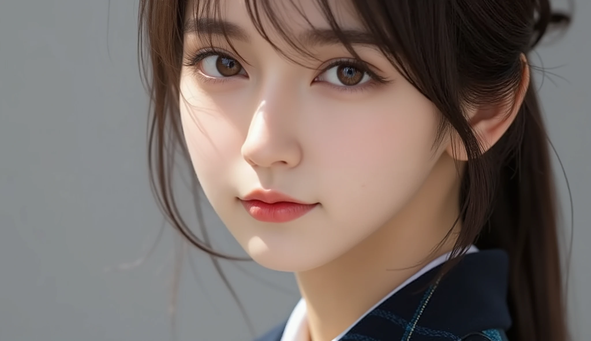(top quality, masterpiece:1.2), 以上からtop quality, eXist, Picture, high resolution, 1080P, 8k, Physical Rendering ,extream close up, ((: 158cm)), Japanese girl、(((((( A beautiful fashion model from a Japanese fashion magazine looks straight at the audience)))))), ((( X} big, beautiful dark brown eyes , details ))), ((((Smile at me!)))), Thin fingers , (((short, curled bangs))), (((( Extremely noble and beautiful eyes )))), (( double eyelids)), (((long eyelashes on the head))), (( cute smiling cheeks )), (( pure white light hits my nose and cheeks . 目とwhite顔が美しく輝き、white .)), ((((( Her facial features are very eXpressive and has a nice smile , so sweet, Very clever ))))), (((( an eye-catching plain dark blue large student-style bowtie )))), ((((black, very beautiful、 Very Long Hair )))), ( A formal long pleated skirt with a blue and navy tartan check ), ((( slightly larger dark blue plain blazer 、Goldcrest付き 、Goldcrest ))), (( looks like an elegant woman ))