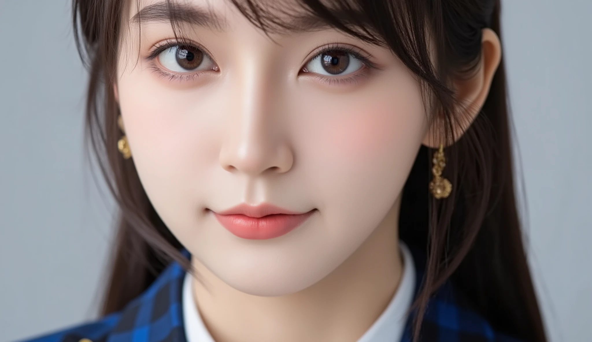 (top quality, masterpiece:1.2), 以上からtop quality, eXist, Picture, high resolution, 1080P, 8k, Physical Rendering ,extream close up, ((: 158cm)), Japanese girl、(((((( A beautiful fashion model from a Japanese fashion magazine looks straight at the audience)))))), ((( X} big, beautiful dark brown eyes , details ))), ((((Smile at me!)))), Thin fingers , (((short, curled bangs))), (((( Extremely noble and beautiful eyes )))), (( double eyelids)), (((long eyelashes on the head))), (( cute smiling cheeks )), (( pure white light hits my nose and cheeks . 目とwhite顔が美しく輝き、white .)), ((((( Her facial features are very eXpressive and has a nice smile , so sweet, Very clever ))))), (((( an eye-catching plain dark blue large student-style bowtie )))), ((((black, very beautiful、 Very Long Hair )))), ( A formal long pleated skirt with a blue and navy tartan check ), ((( slightly larger dark blue plain blazer 、Goldcrest付き 、Goldcrest ))), (( looks like an elegant woman ))