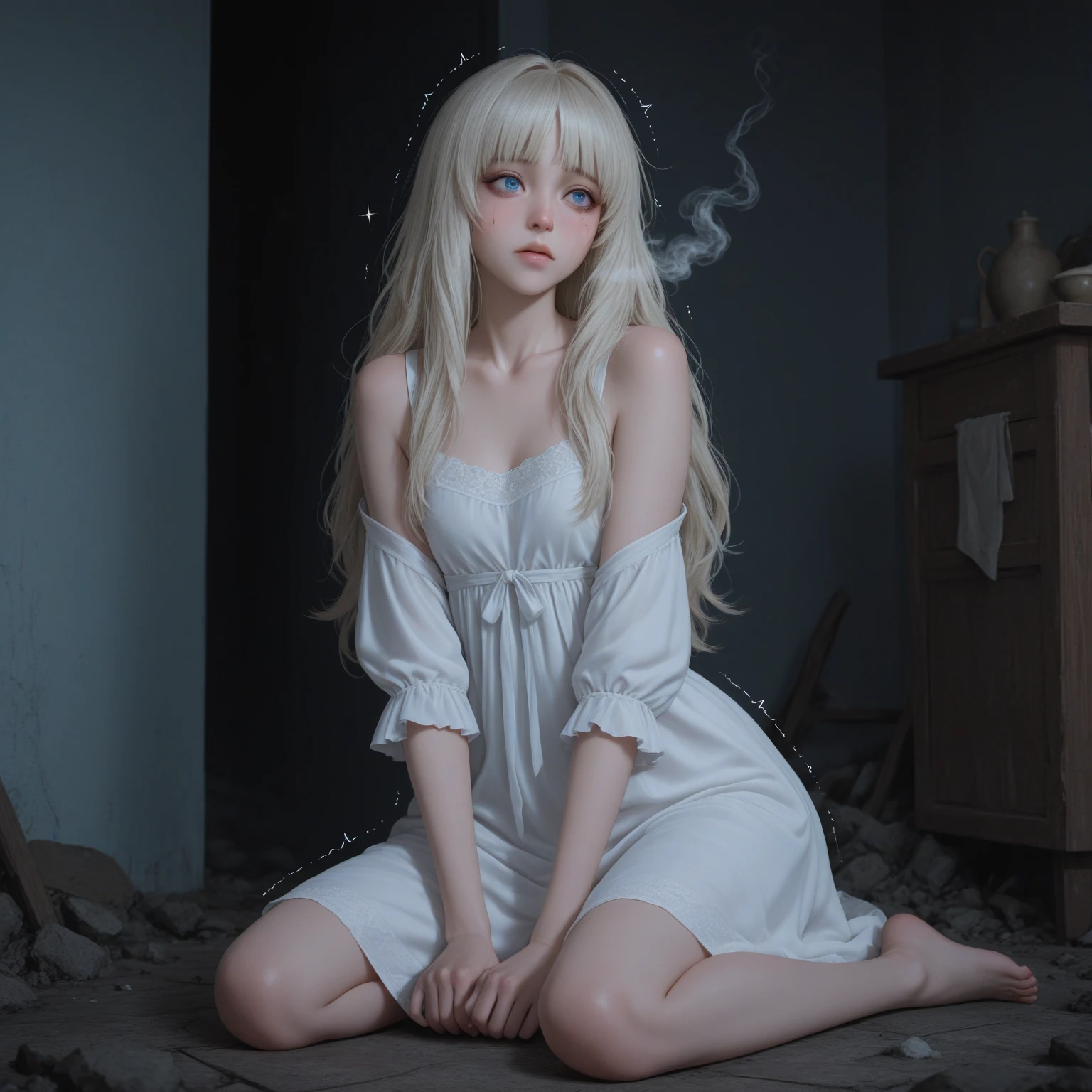 white color hair，shift dresses，white liquid on your face，teens girl，White skin, beautiful long legs，young child --auto