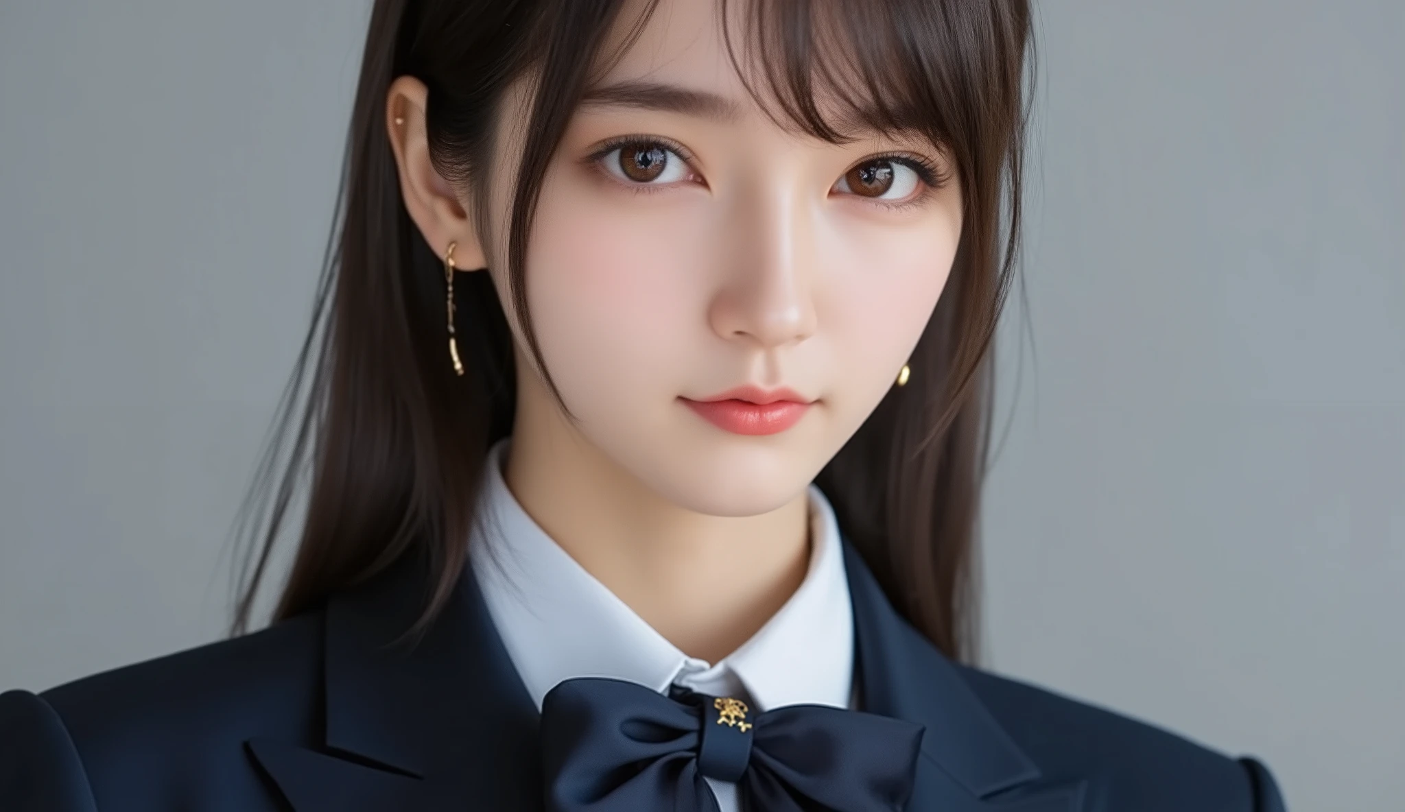 (top quality, masterpiece:1.2), 以上からtop quality, eXist, Picture, high resolution, 1080P, 8k, Physical Rendering ,close up, ((: 158cm)), Japanese girl、(((((( A beautiful fashion model from a Japanese fashion magazine looks straight at the audience)))))), ((( X} big, beautiful dark brown eyes , details ))), ((((Smile at me!)))), Thin fingers , (((short, curled bangs))), (((( Extremely noble and beautiful eyes )))), (( double eyelids)), (((long eyelashes on the head))), (( cute smiling cheeks )), (( pure white light hits my nose and cheeks . 目とwhite顔が美しく輝き、white .)), ((((( Her facial features are very eXpressive and has a nice smile , so sweet, Very clever ))))), (((( an eye-catching plain dark blue large student-style bowtie )))), ((((black, very beautiful、 Very Long Hair )))), ( A formal long pleated skirt with a blue and navy tartan check ), ((( slightly larger dark blue plain blazer 、Goldcrest付き 、Goldcrest ))), (( looks like an elegant woman ))