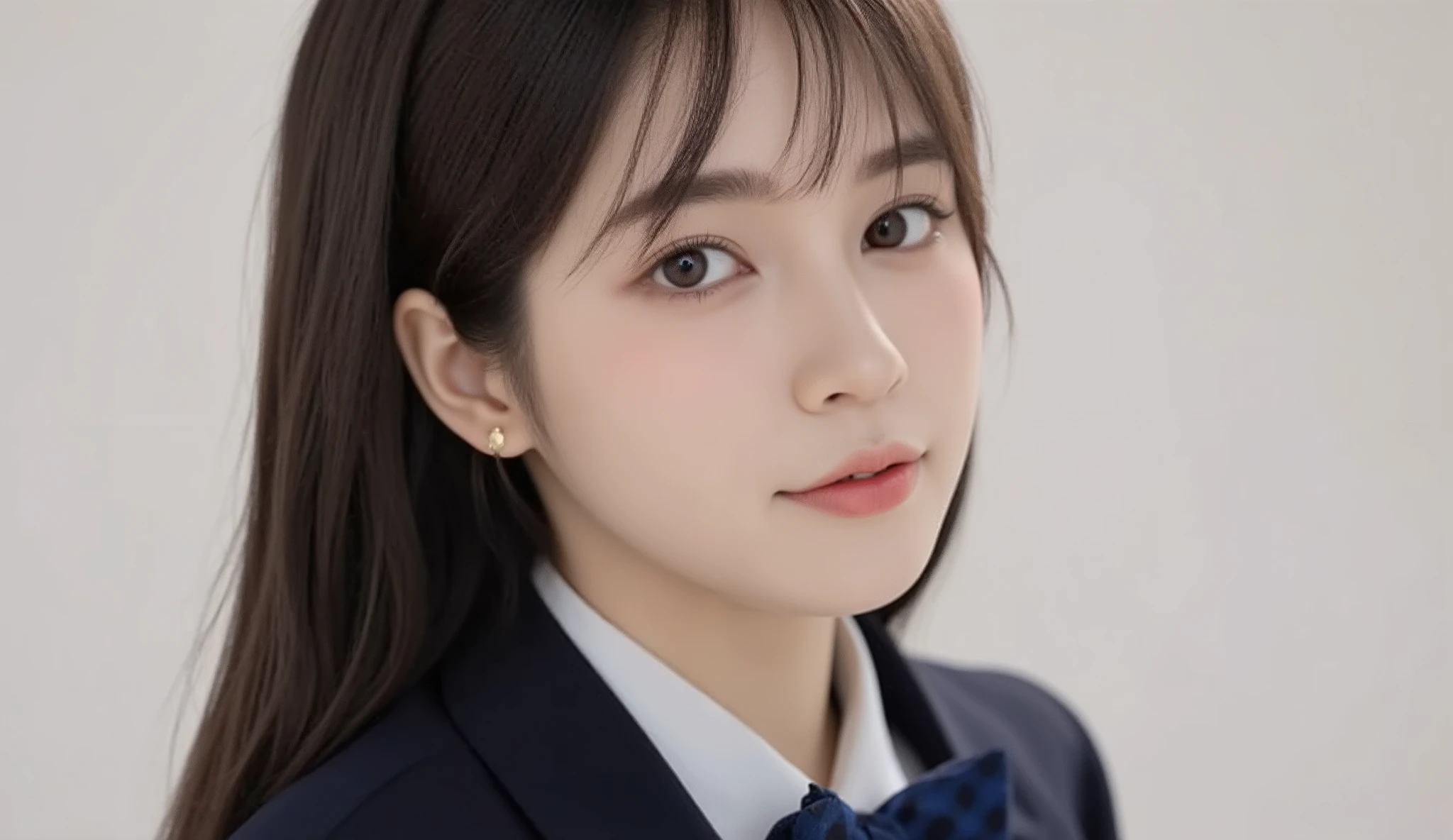 (top quality, masterpiece:1.2), 以上からtop quality, eXist, Picture, high resolution, 1080P, 8k, Physical Rendering ,close up, ((: 158cm)), Japanese girl、(((((( A beautiful fashion model from a Japanese fashion magazine looks straight at the audience)))))), ((( X} big, beautiful dark brown eyes , details ))), ((((Smile at me!)))), Thin fingers , (((short, curled bangs))), (((( Extremely noble and beautiful eyes )))), (( double eyelids)), (((long eyelashes on the head))), (( cute smiling cheeks )), (( pure white light hits my nose and cheeks . 目とwhite顔が美しく輝き、white .)), ((((( Her facial features are very eXpressive and has a nice smile , so sweet, Very clever ))))), (((( an eye-catching plain dark blue large student-style bowtie )))), ((((black, very beautiful、 Very Long Hair )))), ( A formal long pleated skirt with a blue and navy tartan check ), ((( slightly larger dark blue plain blazer 、Goldcrest付き 、Goldcrest ))), (( looks like an elegant woman ))