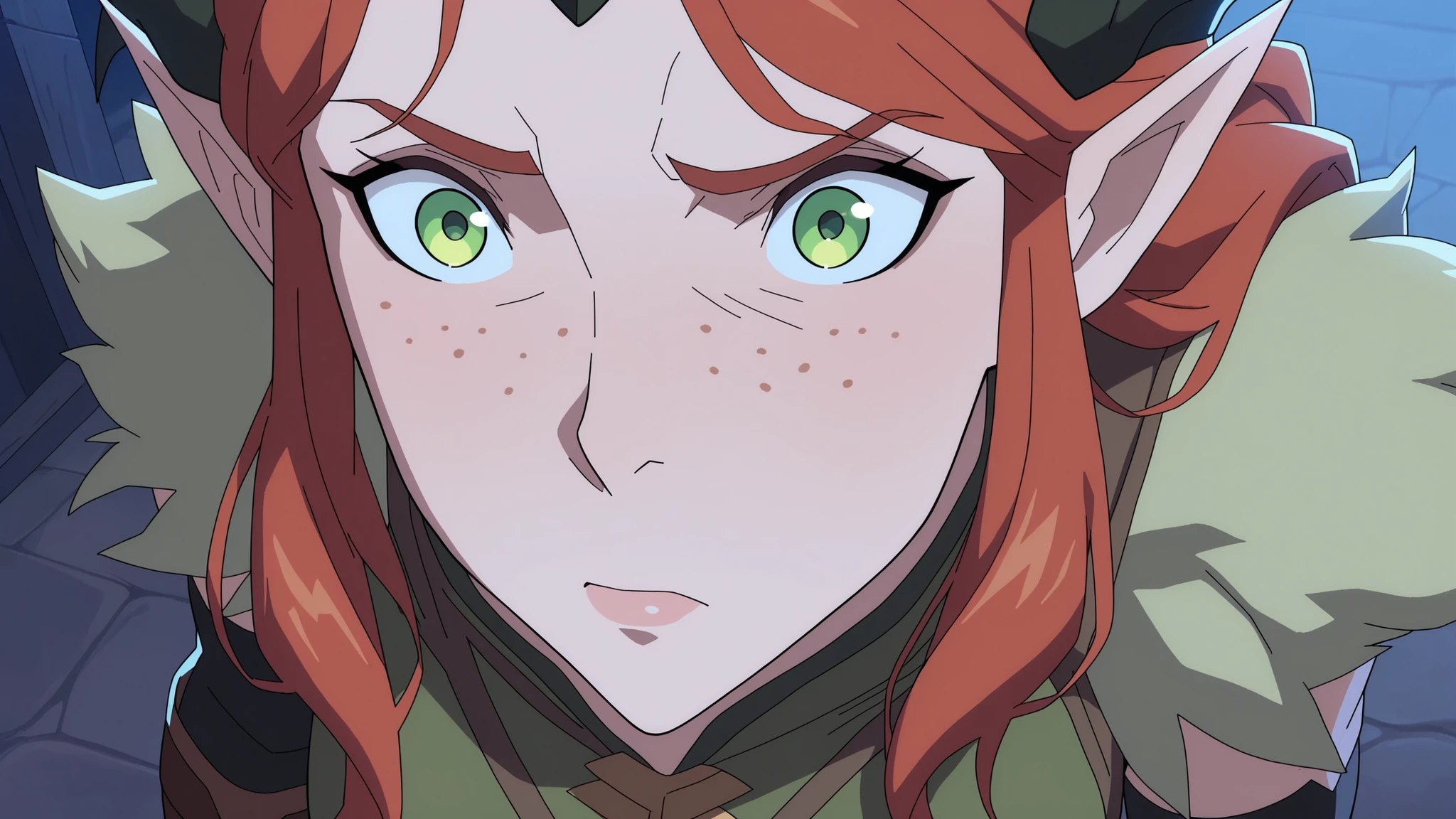 Keyleth, high resolution image, masterpiece, has the best quality, amazing quality, emphasis on the face, face close-up, detailed , источник The Legend of Vox Machina, official art, Night, 1 maiden , Keyleth, Keyleth from legend of vox machina, facing the viewer, standing straight, Ruddy, confused, super thin illustration , extremely gentle and beautiful , has the best quality , very aesthetic , masterpiece , 8 k , 1 maiden, beautiful medium sized , keyleth from legend of vox machina, young half-elf woman with fair skin, freckles, medium breasts with red hair and green eyes, wearing a short green robe, leggings and tall brown boots. She has a crown of horns on her head. В руках Кейлет держит украшенный деревянный посох young half-elf woman with fair skin, freckles, medium breasts with red hair and green eyes.