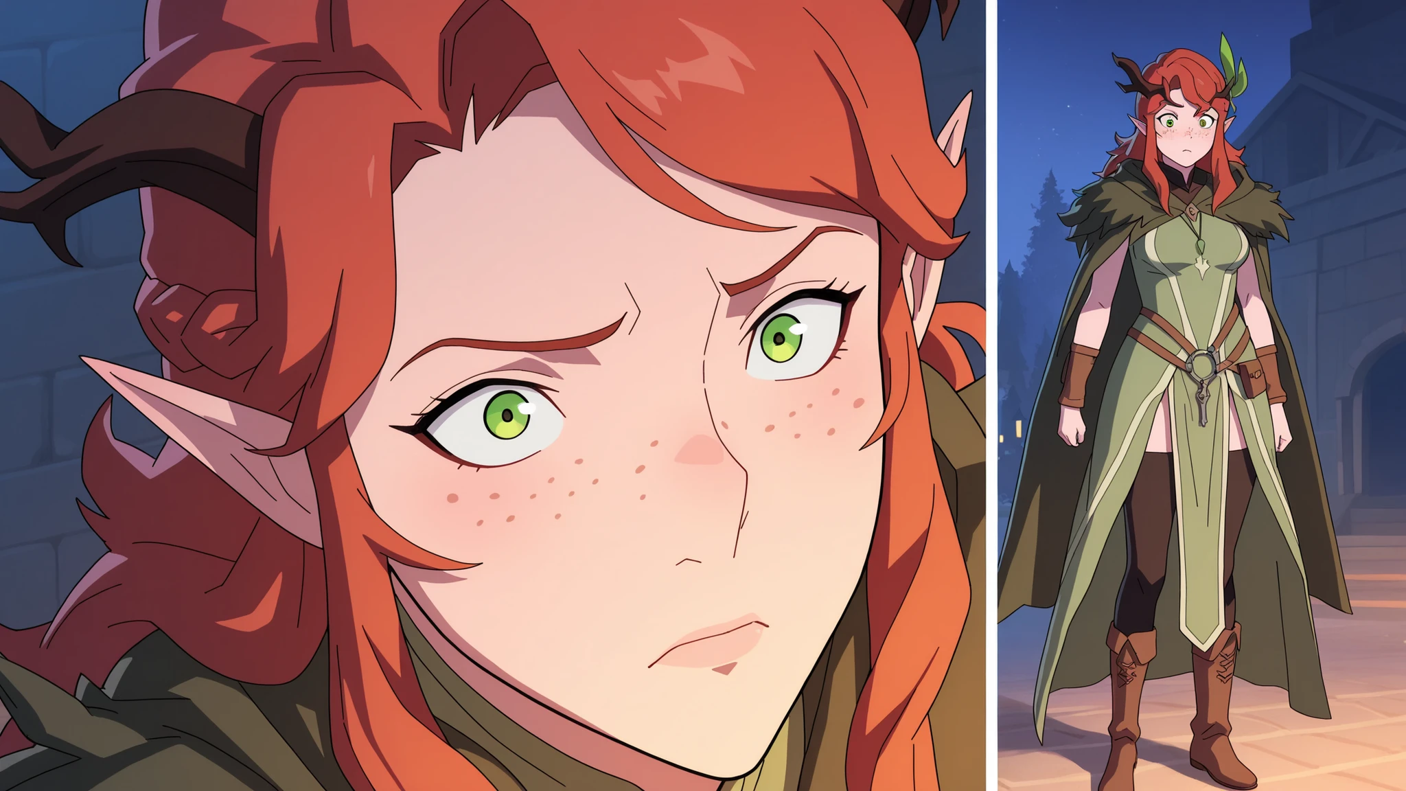 Keyleth, high resolution image, masterpiece, has the best quality, amazing quality, emphasis on the face, face close-up, detailed , источник The Legend of Vox Machina, official art, Night, 1 maiden , Keyleth, Keyleth from legend of vox machina, facing the viewer, standing straight, Ruddy, confused, super thin illustration , extremely gentle and beautiful , has the best quality , very aesthetic , masterpiece , 8 k , 1 maiden, beautiful medium sized , keyleth from legend of vox machina, young half-elf woman with fair skin, freckles, medium breasts with red hair and green eyes, wearing a short green robe, leggings and tall brown boots. She has a crown of horns on her head. В руках Кейлет держит украшенный деревянный посох young half-elf woman with fair skin, freckles, medium breasts with red hair and green eyes.