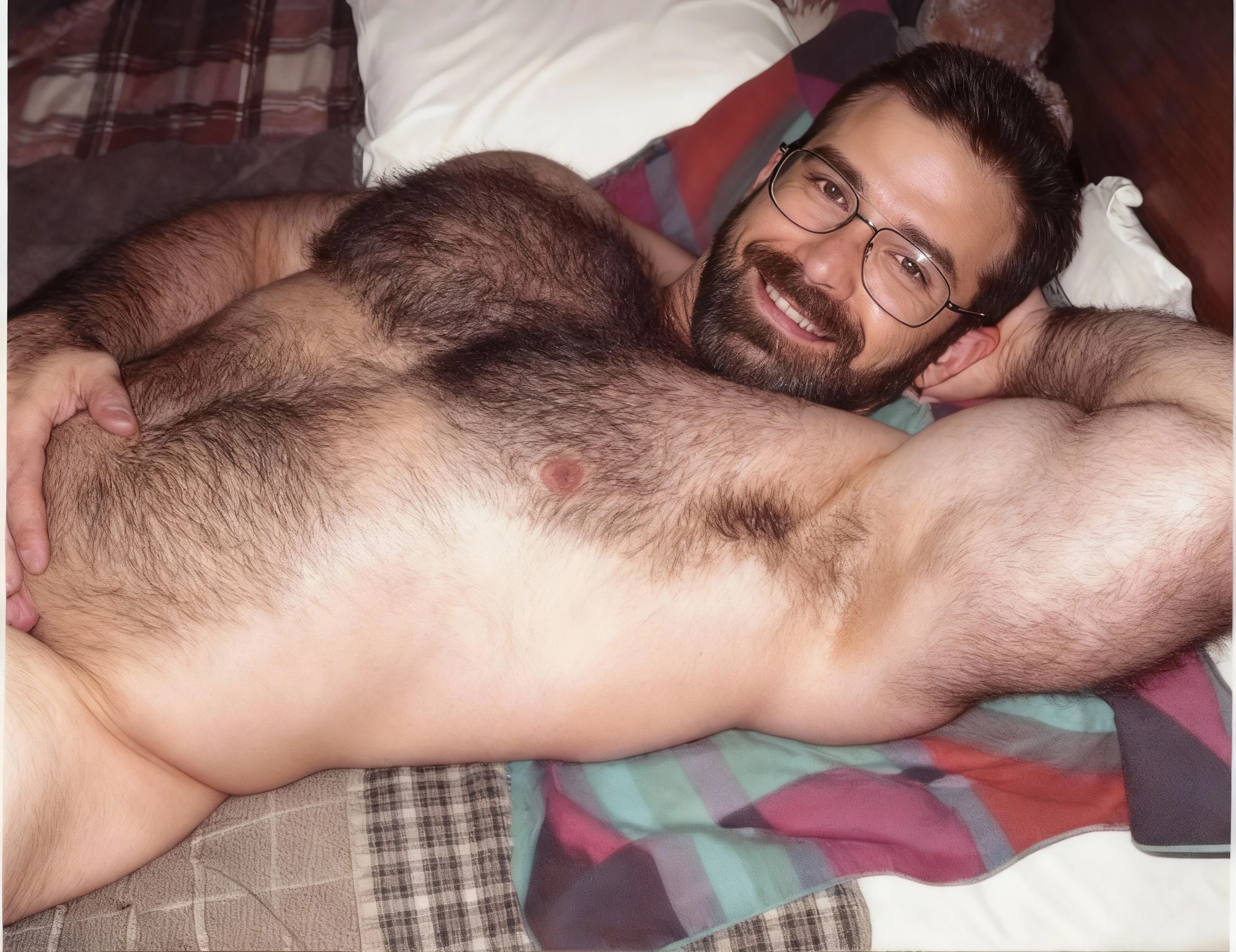 a soft, plump, thick, hairy man with a beard and glasses lies  on the sofa, his  is 15 cm