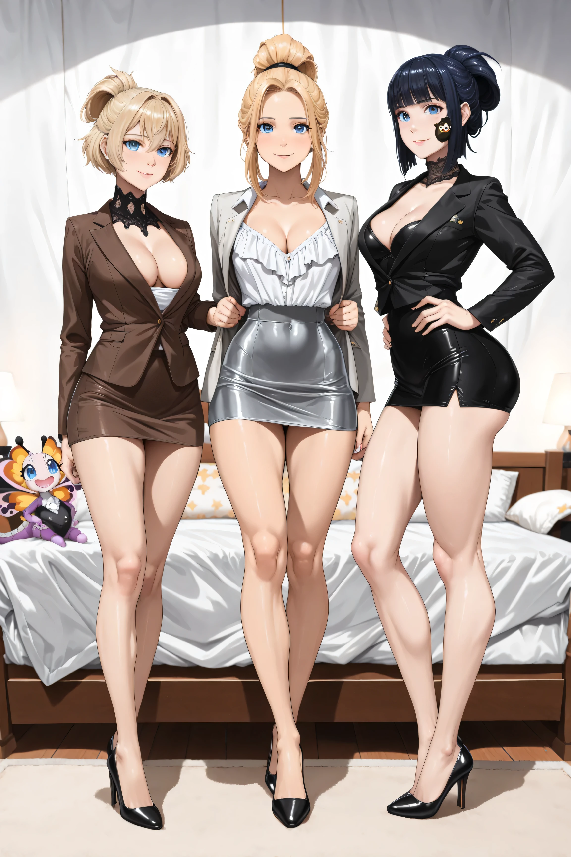 (fotorealistisch:1.4), (Meisterwerk:1.3), (hochwertig:1.4), well proportioned whole body of
(((Elaine, European, 1. 65 m in Size , 31 Jahre alt,blond, kurze Haare, im Pixi-Stil gestylt, pony hairstyle on the face,
sehr gepflegtes, festes Haar, tiefe, Size, rounded blue eyes))), long slender neck,
soft smile , extrem unschuldig, shy and open, aufgeweckte, klein, raised and elegant nose,
extremely pretty face , Haut extrem blass, Extremely beautiful, ((extremely toned body)),
(Bubble Butt und straff), lange betonte Beine, starke Oberschenkel, schmale Taille, sexy hips, 36C Brust,
Kleidung: wears a chic , small pencil skirt, with a white blouse and a business jacket, THIN black lace collar on the neck,
(cozy nightbedroom),
Pose: steht vor dem Bett ,
hands holding HER hips, legs subtly opened,
(Ansicht: whole body ), viewer looking at , perfect feet, viewer sees her from the side, reveals the sexy cleavage and long legs