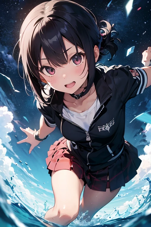 1girl, solo, pose, sound effects, colorful,
goggles, lens flare, open mouth, foreshortening, sneakers, fisheye, short hair, hands, destruction, explosion, shoes, goggles around neck, day,
sky, masterpiece, best quality