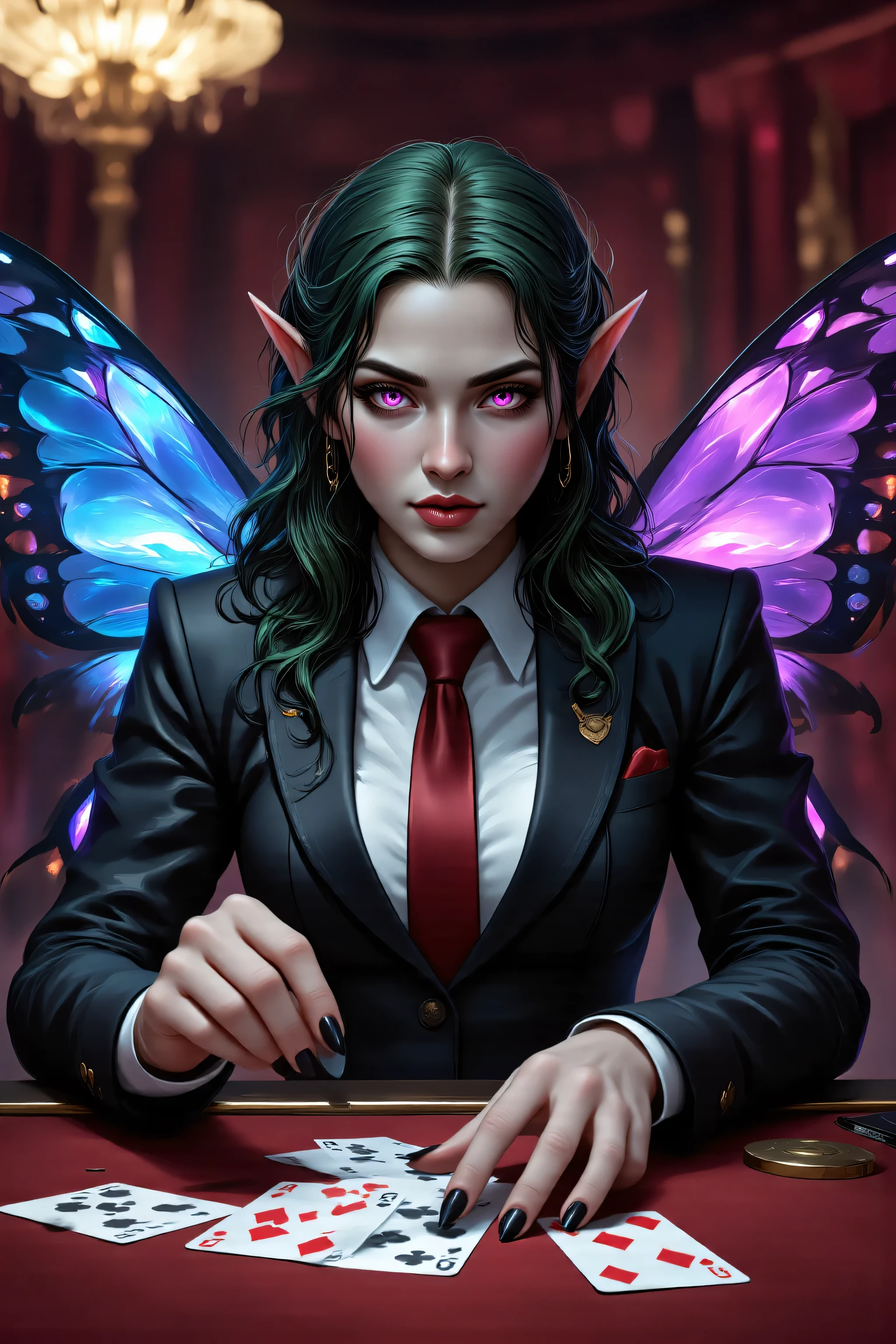 In the style of chargen_concept_art image of,OMNH,,a picture of a cyberpunk fairy, dealing Poker cards in a casino,  vicious smile,  an extraordinary beautiful, elegant beauty, spread butterfly wings, blue and purple wings, pink eyes, glowing eyes, best detailed face,  green hair, rich hair, wavy hair, wearing dark suit, red tie, cyberpunk themed suit, wild suit, casino background,  Hyperrealism style, vibrant, Ultra-high resolution, High Contrast, (masterpiece:1.5), highest quality, Best aesthetics), best details, best quality, highres, ultra wide angle, 16k, [ultra detailed], masterpiece, best quality, (extremely detailed) RAW, 