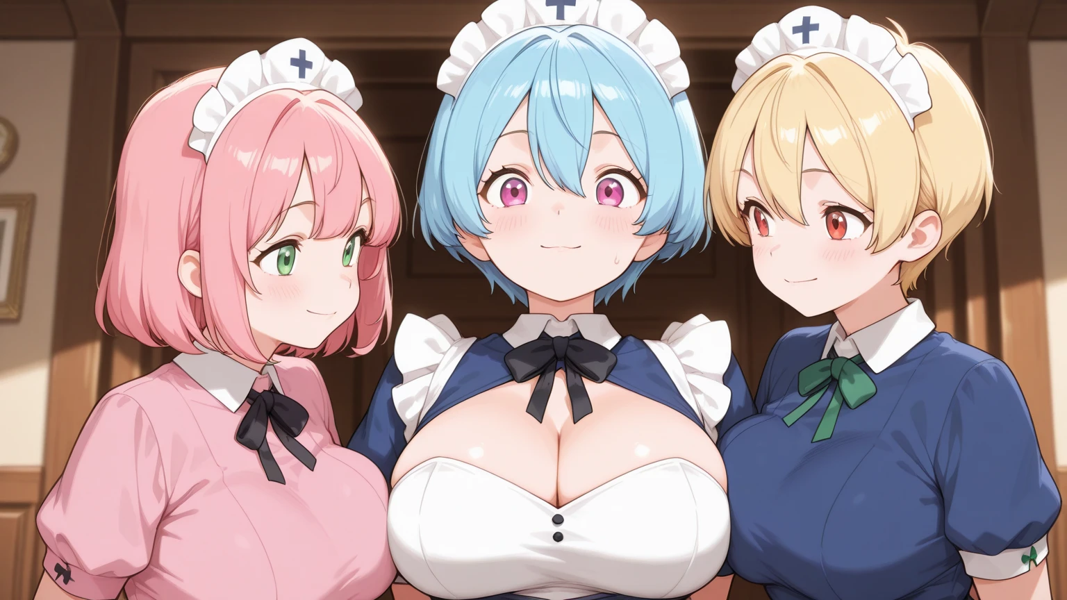 ((Three Pretty  maids with super colossal  hugging each other:1.2)), ((pressing their  each other:1.3)), , Baby face, harem, ((master piece, top-quality, ultra-definition, high resolution)), anime girls, ((ultra-detailed illust:1.2)), bangs, hair between eye, random colored hair, beautiful hair, random colored eyes, Shiny eyes, ((detailed eyes:1.2)), ((Erected )), Exposure of , Beautiful , ((super :1.3)), huge , Soft , cleavage of the , show , emphasize the , focused on , exposure of the , Big smile, enjoyed, laughing, opened mouth, , , , in the room, castle, look at viewer