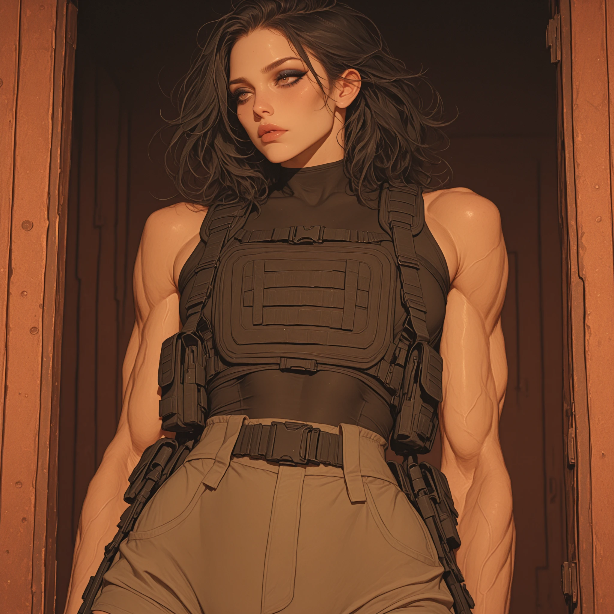 dark brown skinned ((teenage girl)) (in fighting position), very sharp eyes (black sharp eyes), medium hair (black hair, curtain bangs hair), ((white sleeveless shirt (loose fit)), black karate gloves, very baggy pants (blue jean baggy pants, wide leg jean pants, high waisted jean cargo pants)