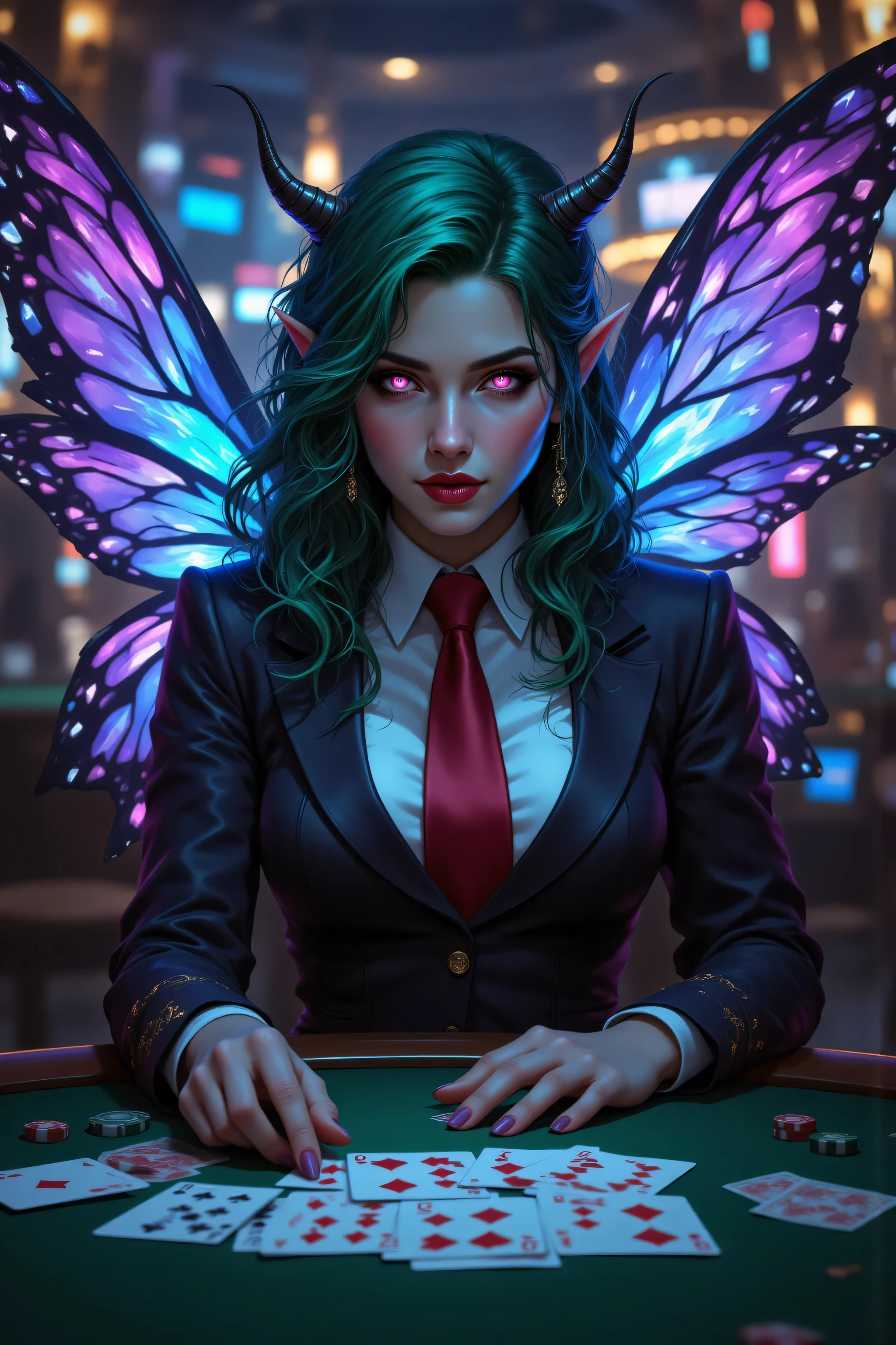 In the style of chargen_concept_art image of,OMNH,,a picture of a cyberpunk fairy, dealing Poker cards in a casino,  vicious smile,  an extraordinary beautiful, elegant beauty, spread butterfly wings, blue and purple wings, pink eyes, glowing eyes, best detailed face,  green hair, rich hair, wavy hair, wearing dark suit, red tie, cyberpunk themed suit, wild suit, casino background,  Hyperrealism style, vibrant, Ultra-high resolution, High Contrast, (masterpiece:1.5), highest quality, Best aesthetics), best details, best quality, highres, ultra wide angle, 16k, [ultra detailed], masterpiece, best quality, (extremely detailed) RAW, 
