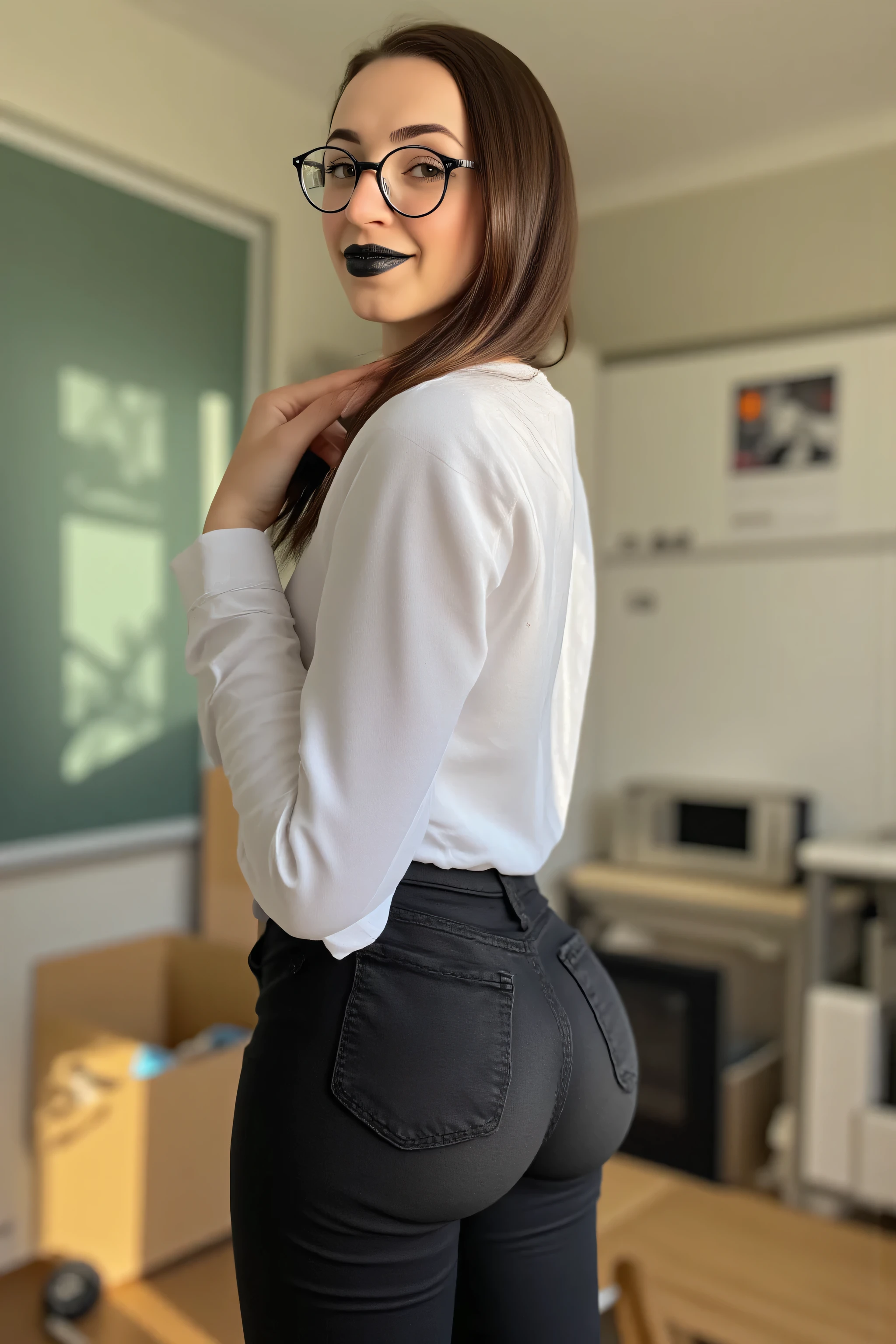 GibiASMR, milf, narrow waist, milf, wide hips, thighs, wearing glasses, pouting lips, black lipstick, wearing tight black trousers and white shirtshirt, cute smile, sunrise lighting, freckles, in classroom