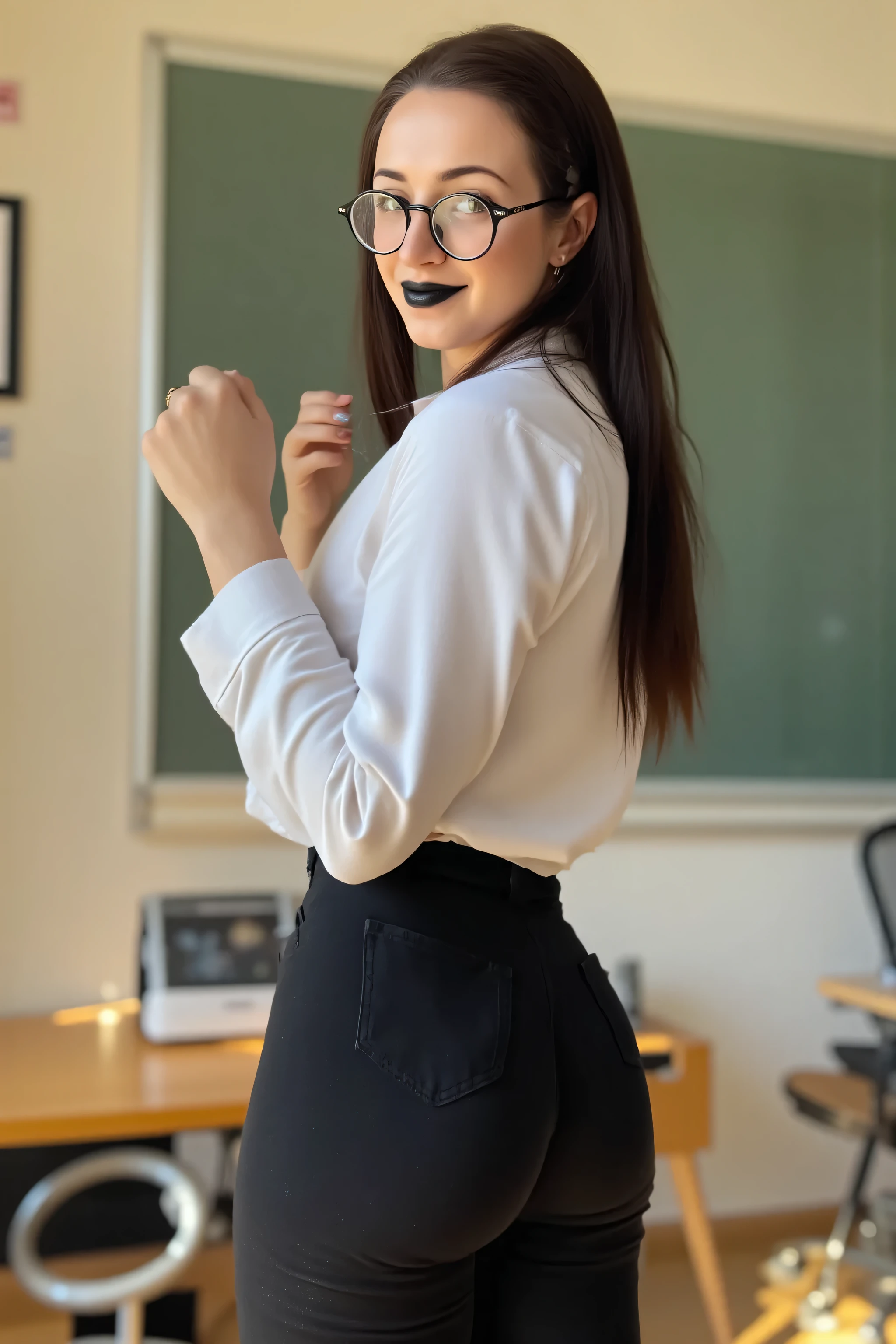 GibiASMR, milf, narrow waist, milf, wide hips, thighs, wearing glasses, pouting lips, black lipstick, wearing tight black trousers and white shirtshirt, cute smile, sunrise lighting, freckles, in classroom