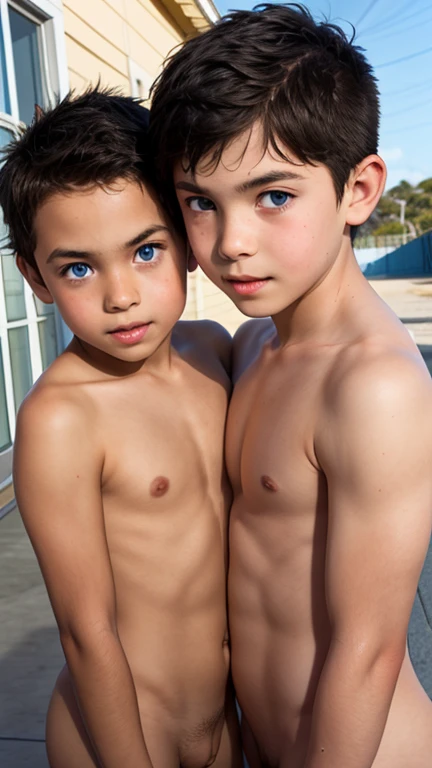 Four thirteen-year-old boys pouting their butts by the pool